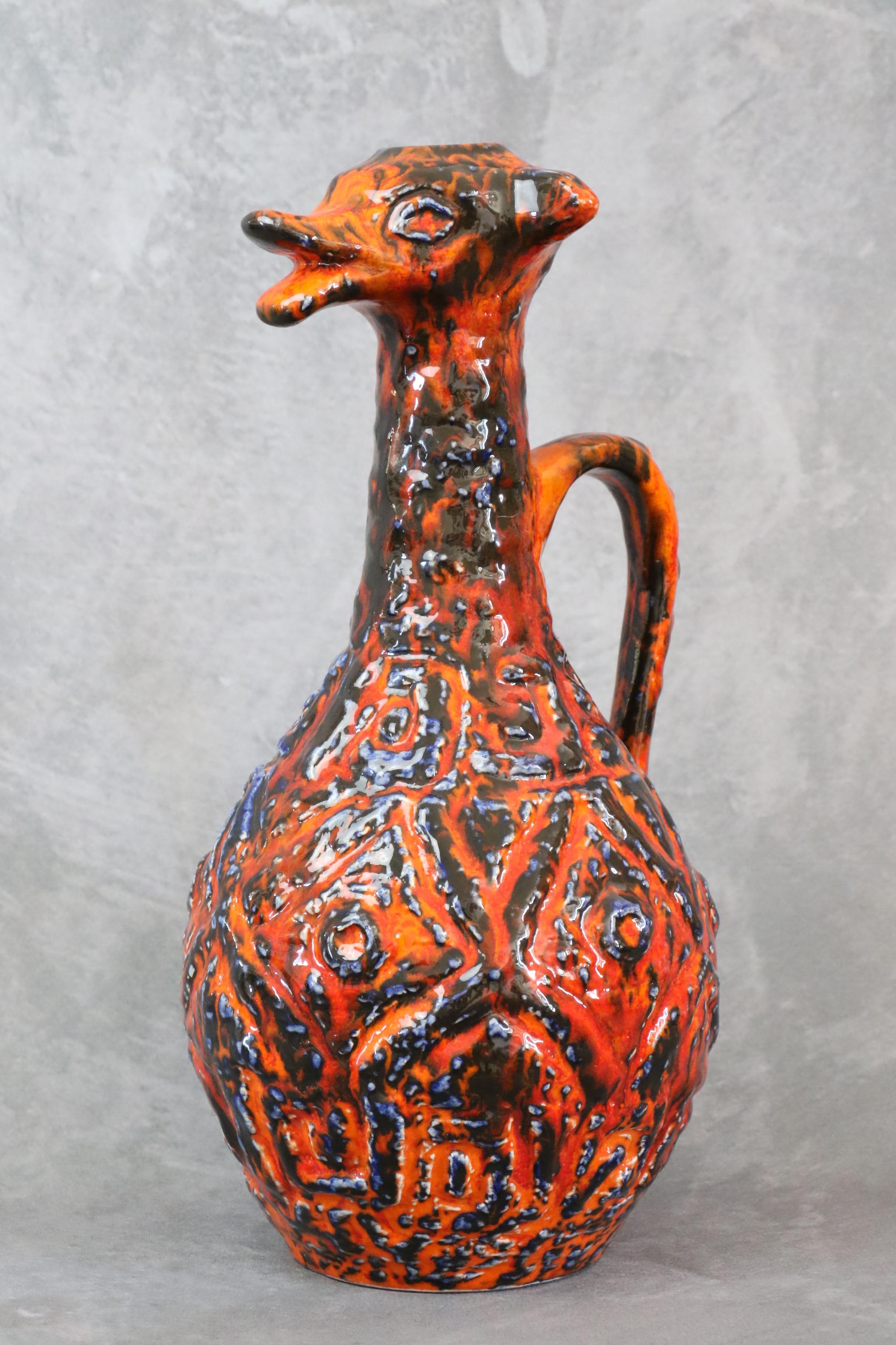 Enameled Large zoomorphic vase in red fat lava by JASBA - 1970 - West Germany ceramics For Sale