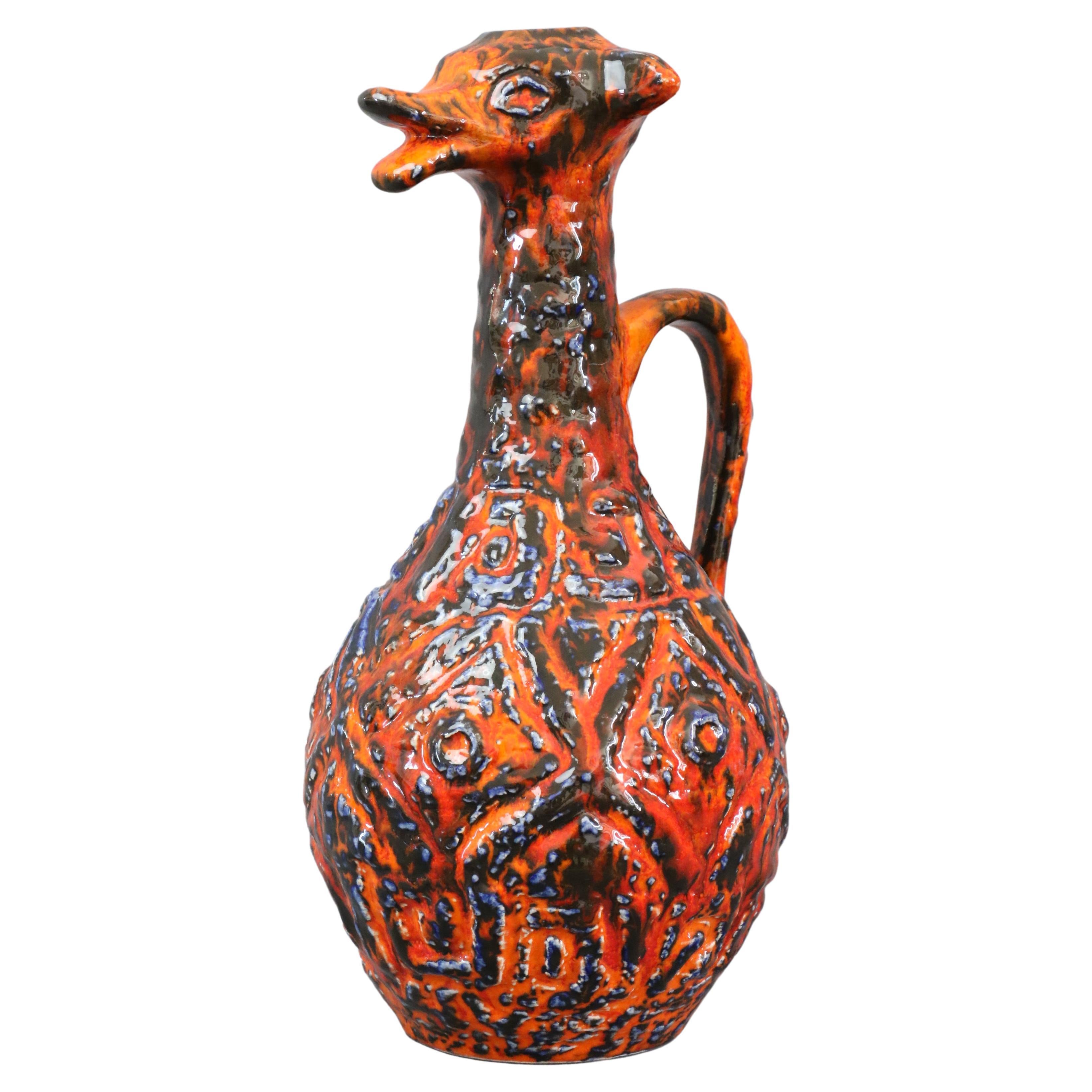 Large zoomorphic vase in red fat lava by JASBA - 1970 - West Germany ceramics For Sale