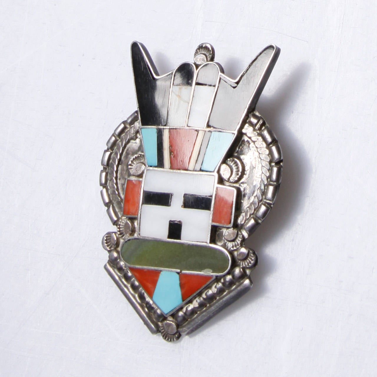 Large Zuni Vintage Native American Sterling Silver Inlay Stone Pendant or Brooch In Excellent Condition In Sparks, NV