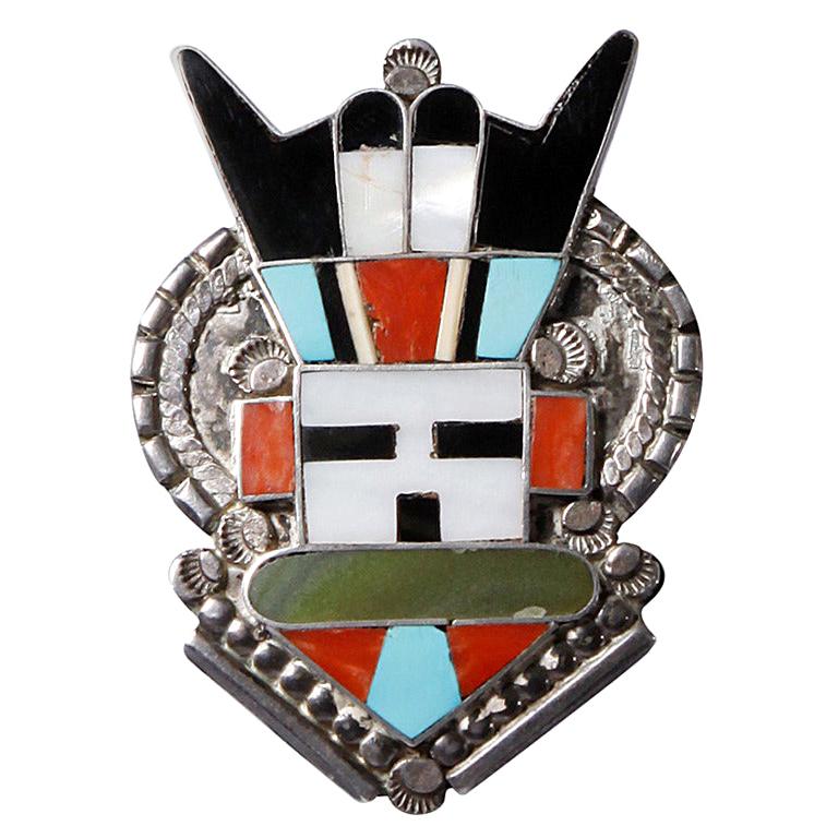 Large Zuni Vintage Native American Sterling Silver Inlay Stone Pendant or Brooch