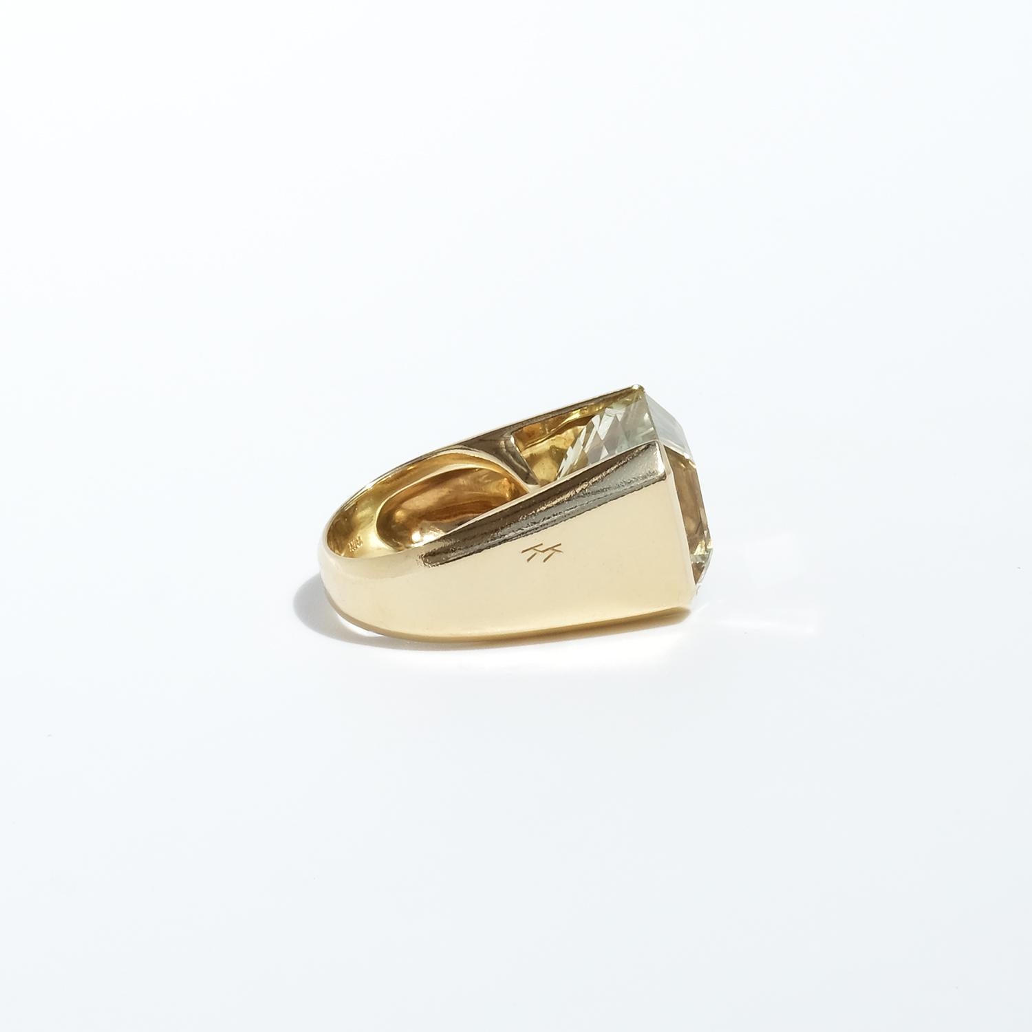 Women's or Men's Large18K Gold and Heliodor Vintage Cocktail Ring by K Karlsson Made 1990s For Sale