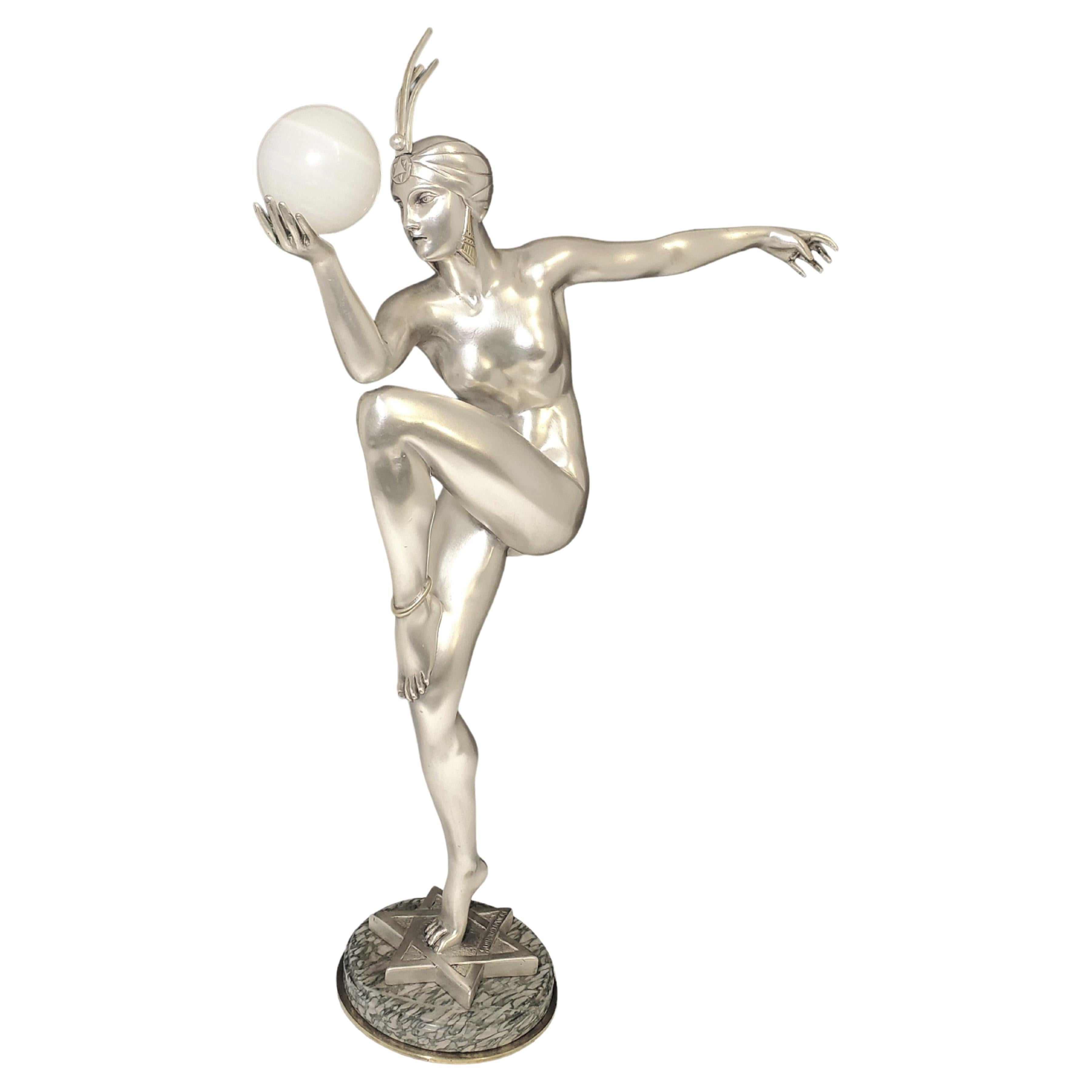 Grande statue en bronze argenté Art Déco de 24" représentant une danseuse Stella Guiraud-Rivière 