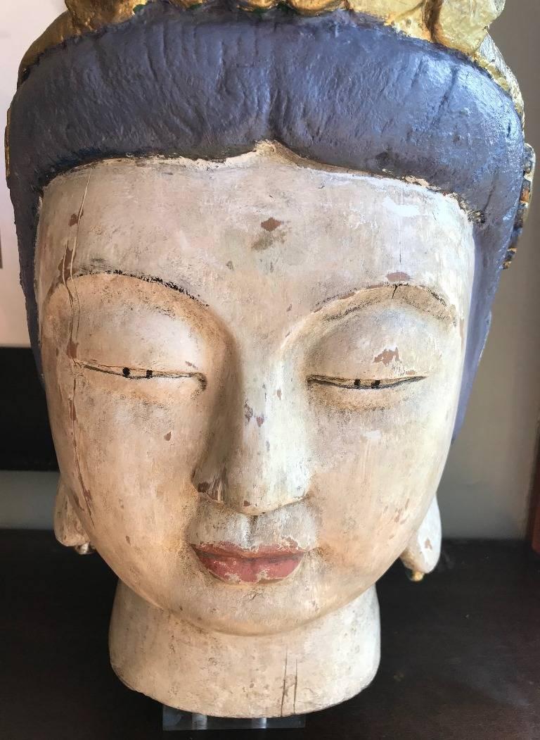 Large Hand Painted Polychrome Asian Buddha Head Bust on Stand For Sale 3