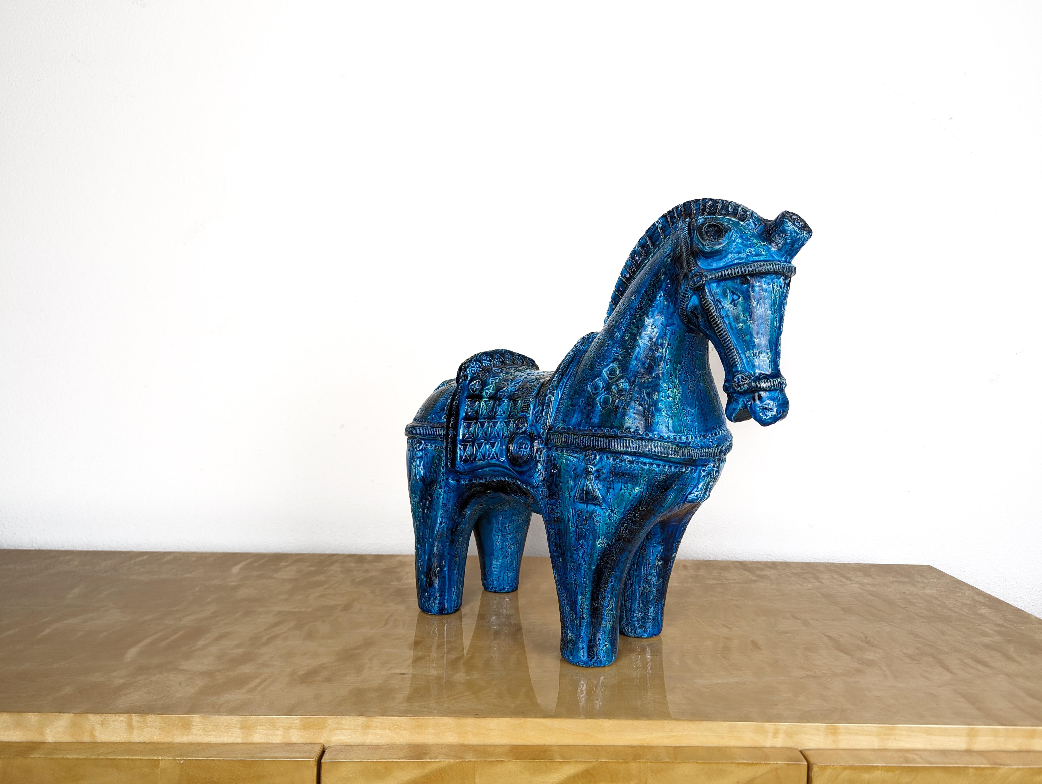 Mid-Century Modern Grande sculpture de cheval en céramique Bitossi Rimini Blu par Aldo Londi, Italie, années 1960 en vente