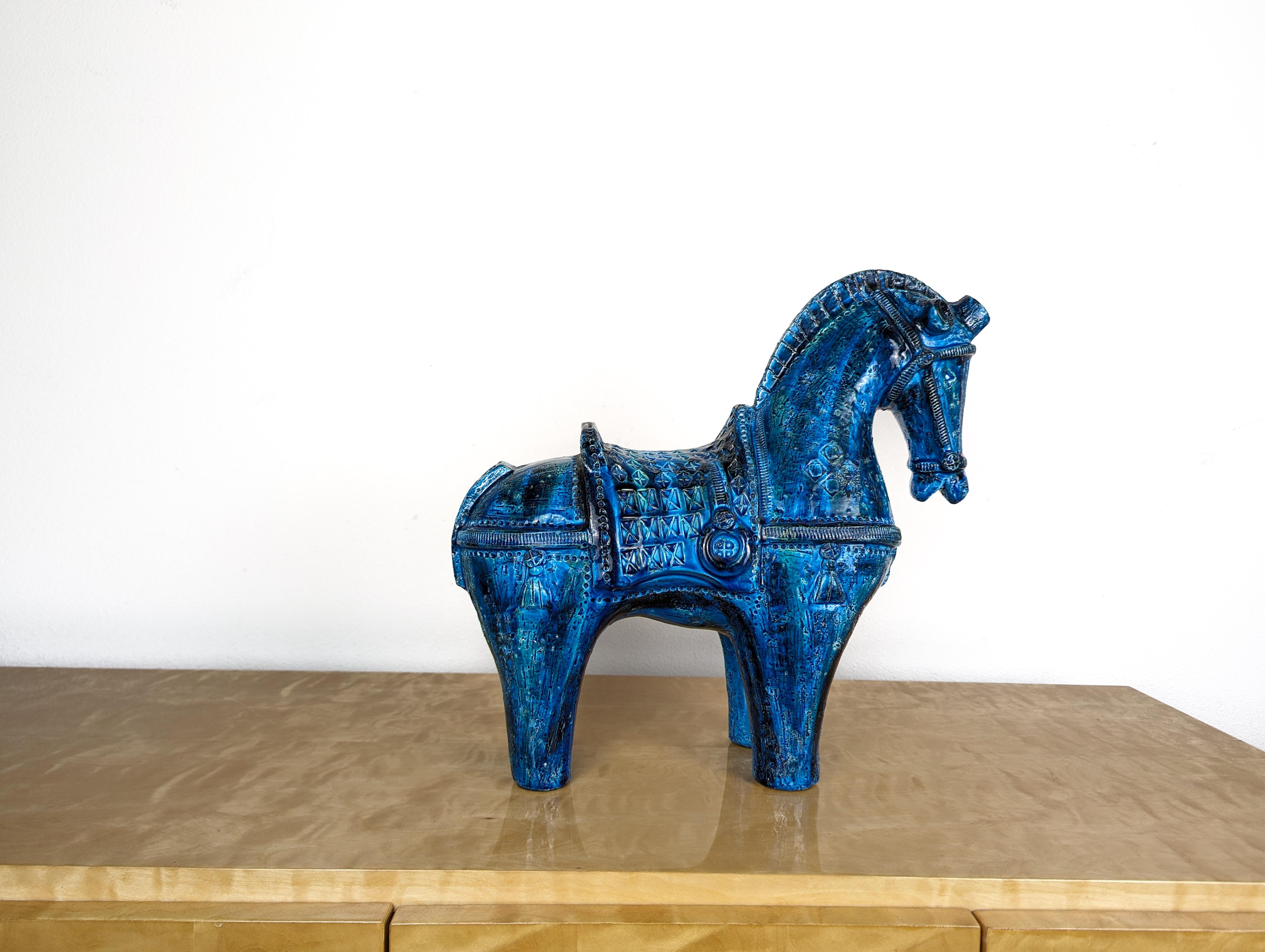 italien Grande sculpture de cheval en céramique Bitossi Rimini Blu par Aldo Londi, Italie, années 1960 en vente