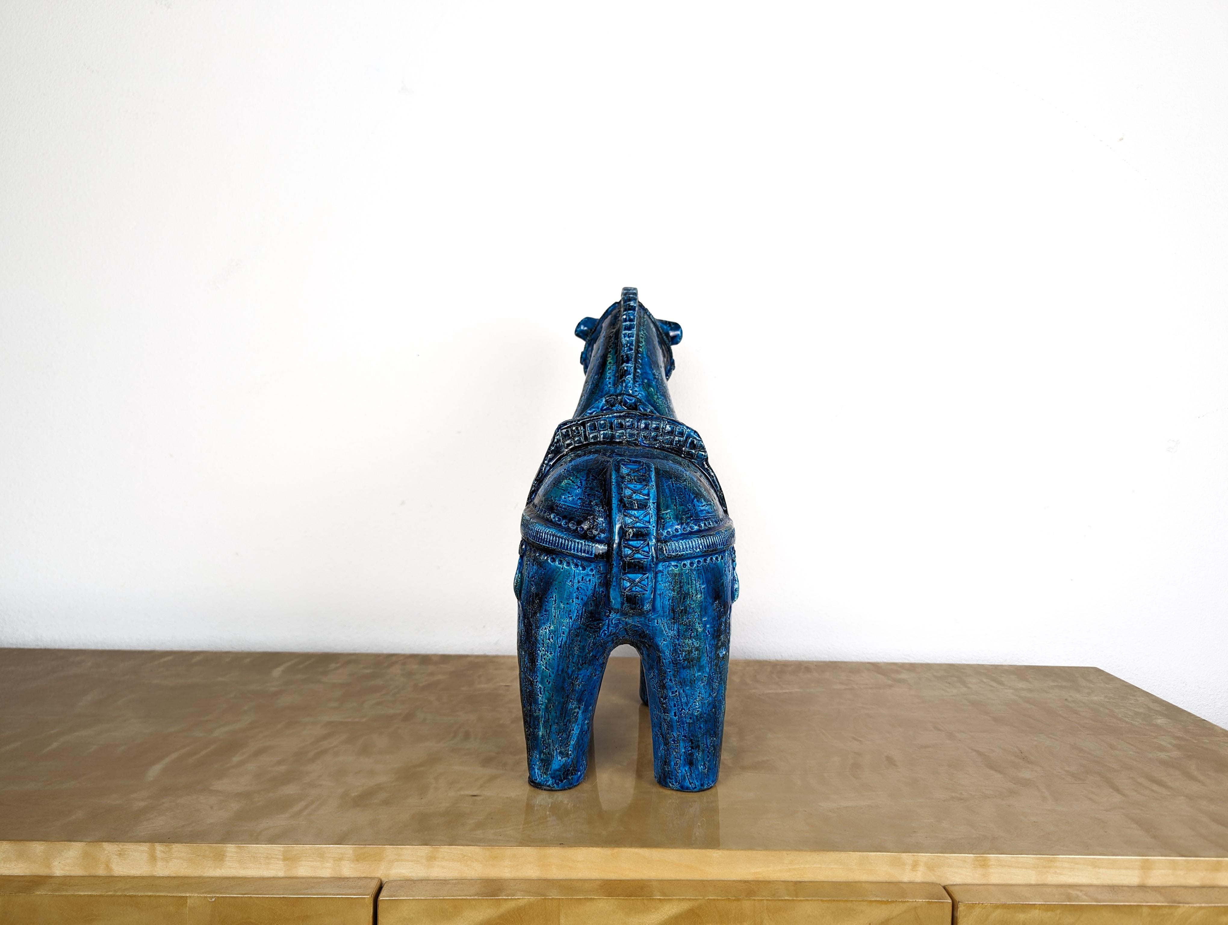Mid-Century Modern Large Bitossi Rimini Blu Ceramic Horse Sculpture by Aldo Londi, Italy, 1960s For Sale