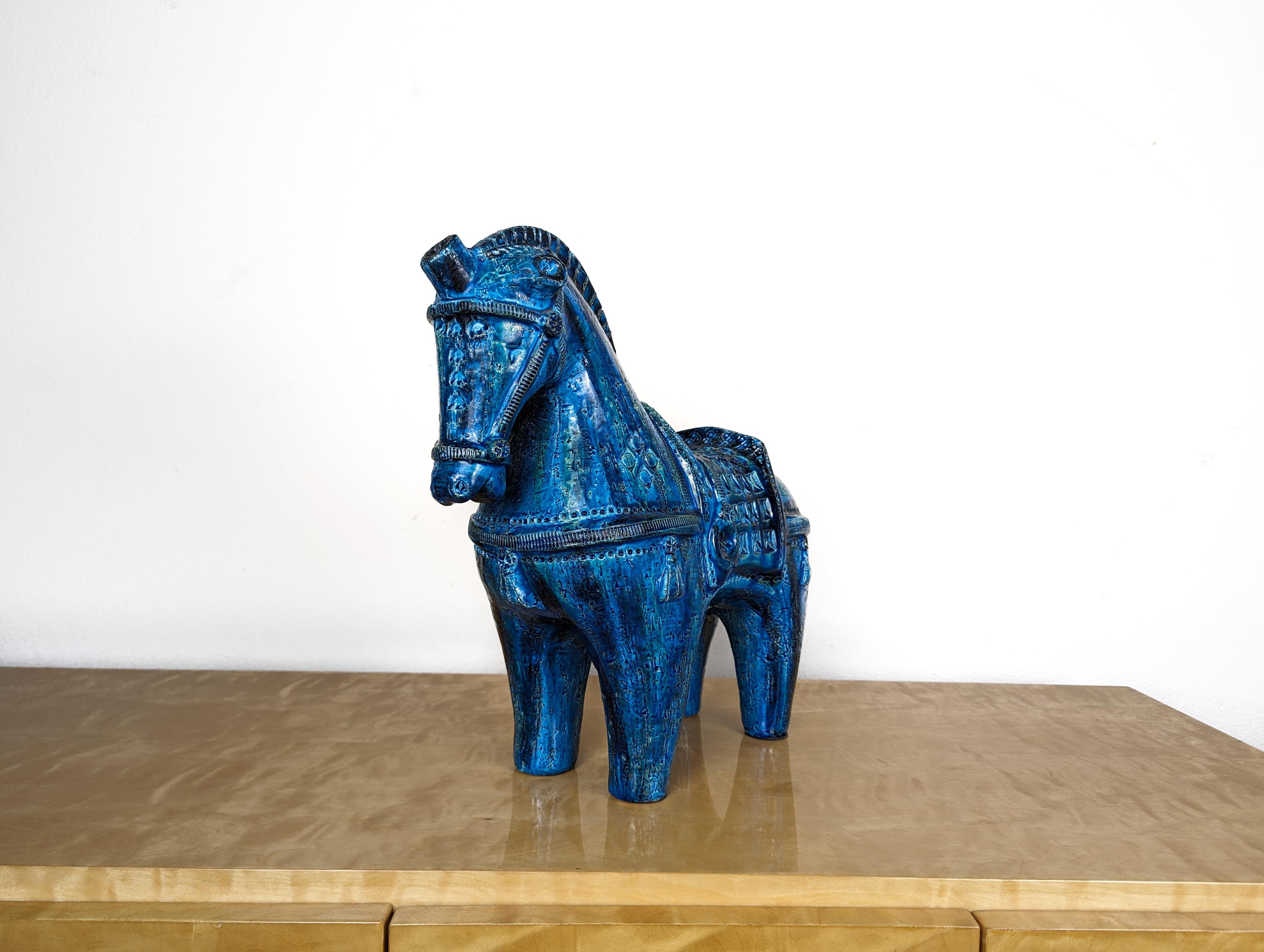Glazed Large Bitossi Rimini Blu Ceramic Horse Sculpture by Aldo Londi, Italy, 1960s For Sale