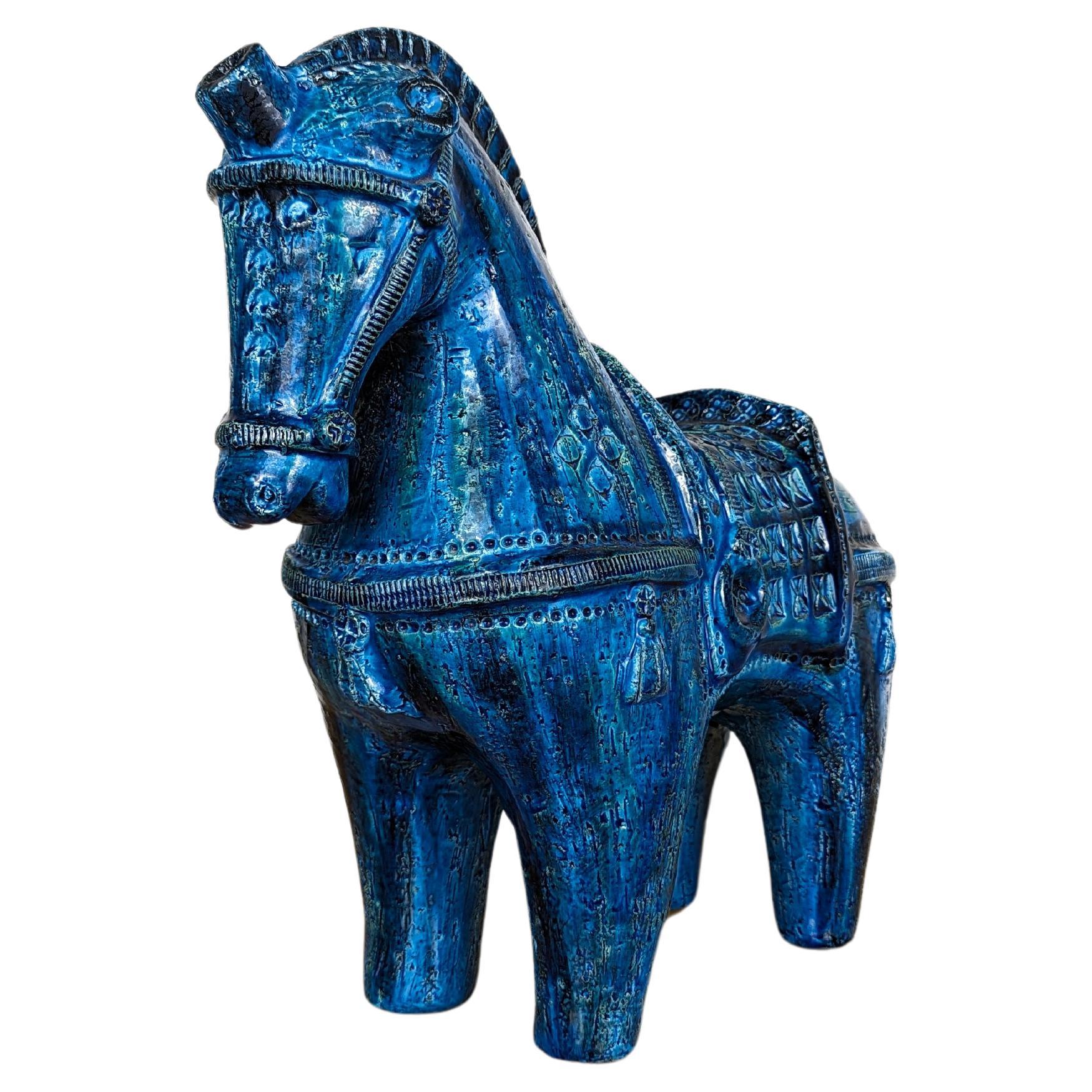 Large Bitossi Rimini Blu Ceramic Horse Sculpture by Aldo Londi, Italy, 1960s For Sale