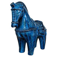 Vintage Large Bitossi Rimini Blu Ceramic Horse Sculpture by Aldo Londi, Italy, 1960s