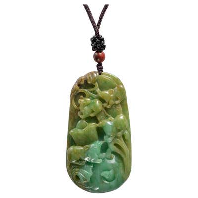 Green Jadeite Jade Fish and Lotus Leaf Pendant, Certified Untreated For ...