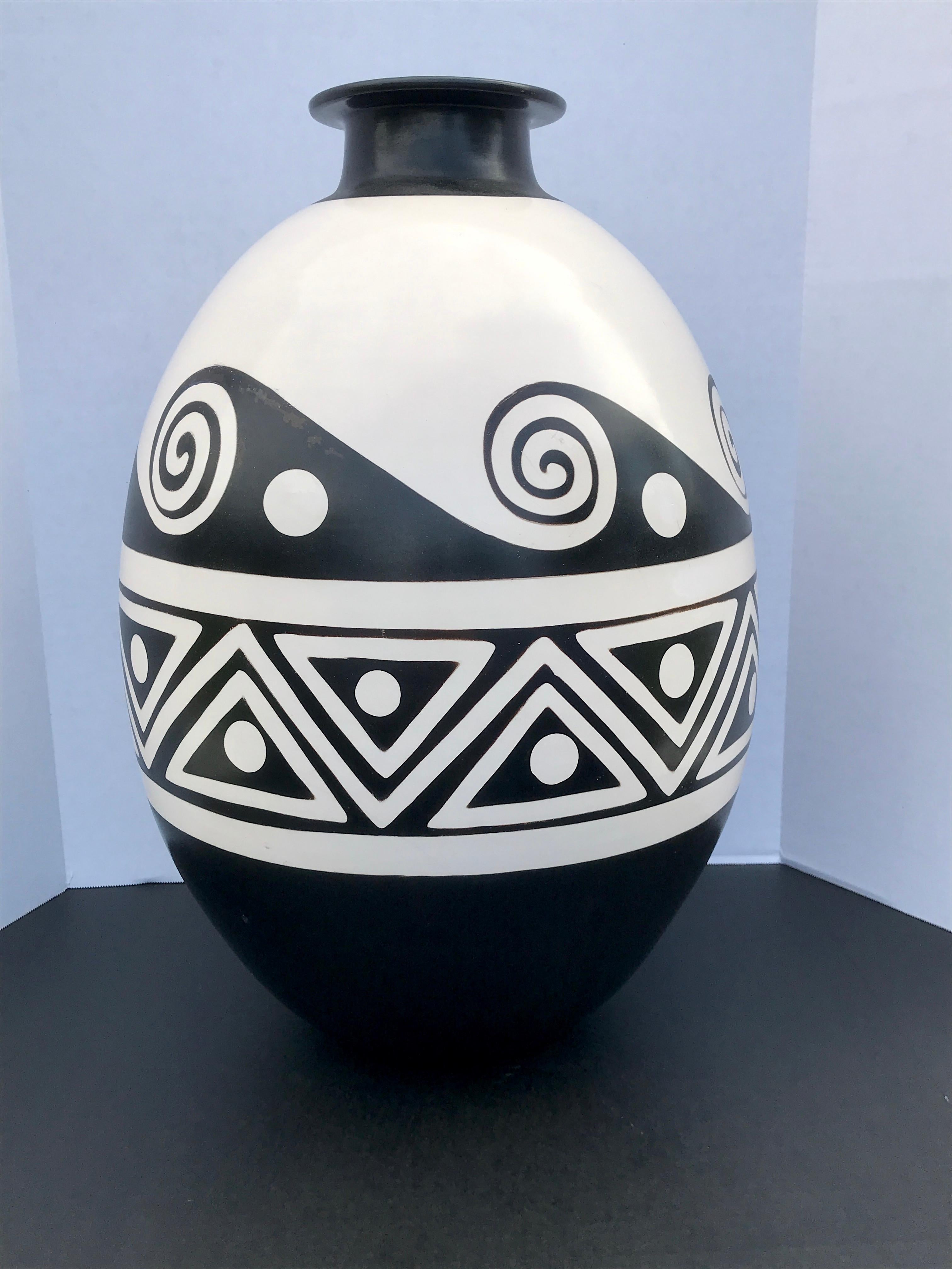 Hand-Painted Large French Art Deco Pottery Black and White Vase For Sale