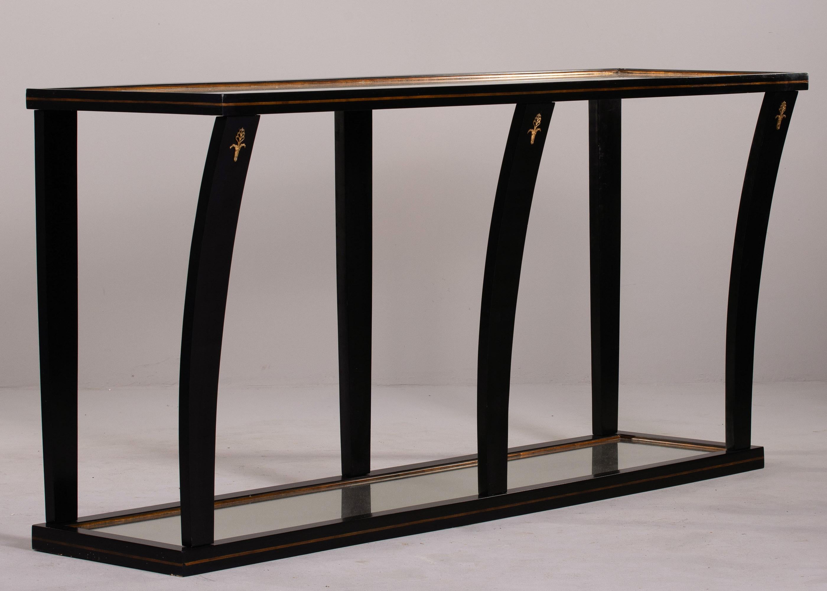 LargeMid Century Console by La Grange of France with Mirrored Top & Bottom Shelf For Sale 3