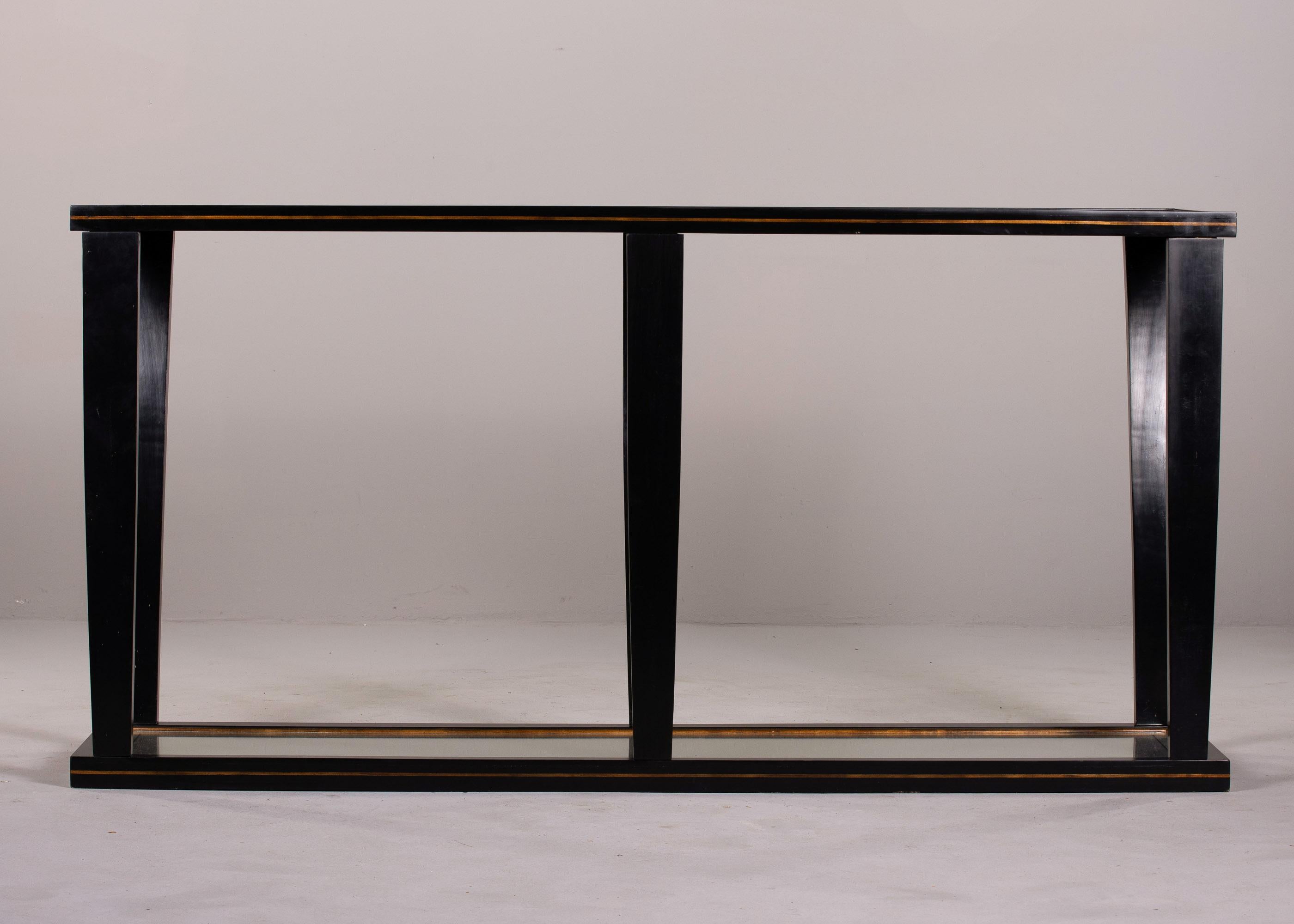 Brass LargeMid Century Console by La Grange of France with Mirrored Top & Bottom Shelf For Sale