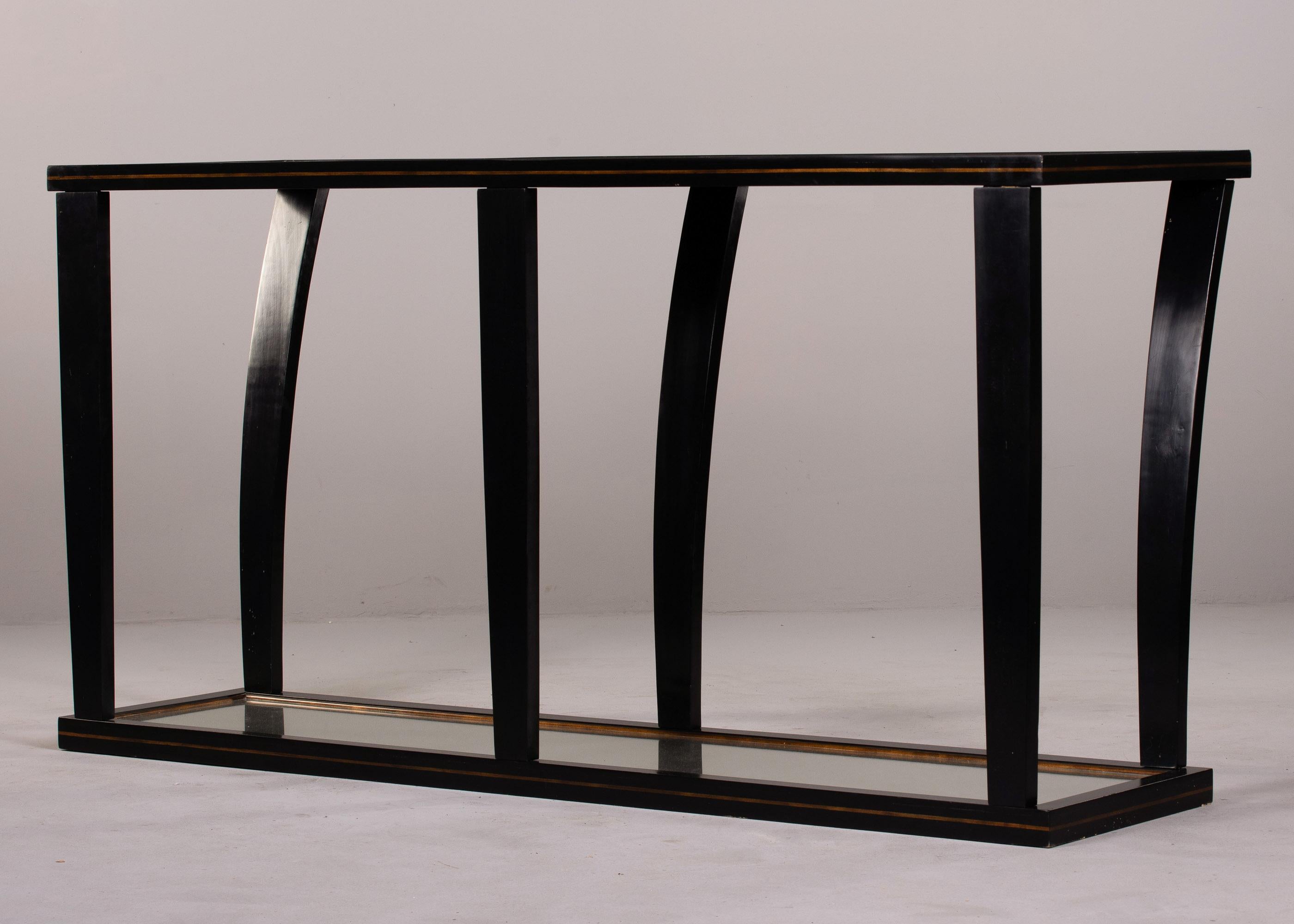 LargeMid Century Console by La Grange of France with Mirrored Top & Bottom Shelf For Sale 1