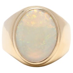Vintage Largeoval Opal Signet Ring, 14k Yellowgold, Rainbow Opal Cocktail