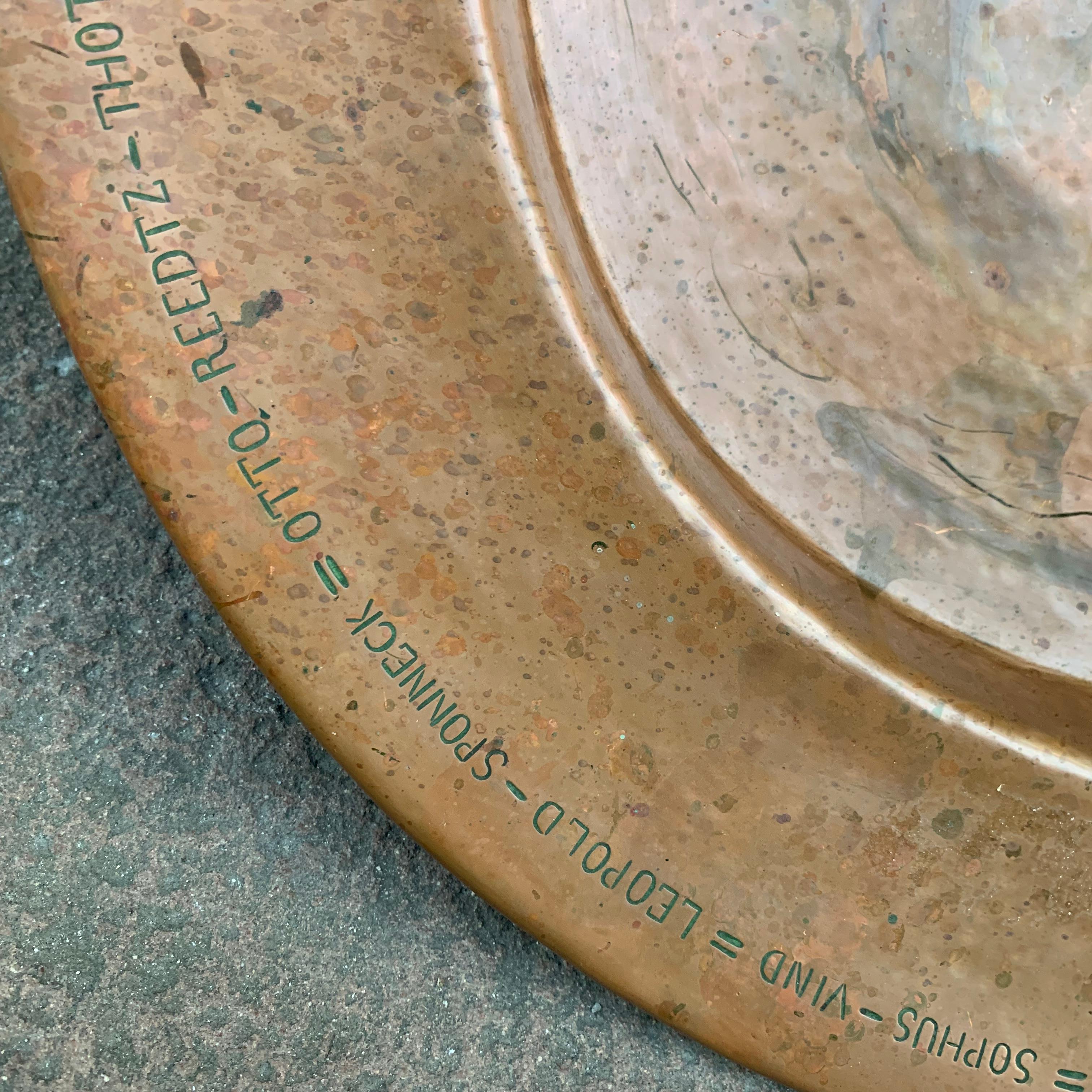 Larger 19th Century Copper Baptist Dish Engraved 11 Danish Noble Family Names 7
