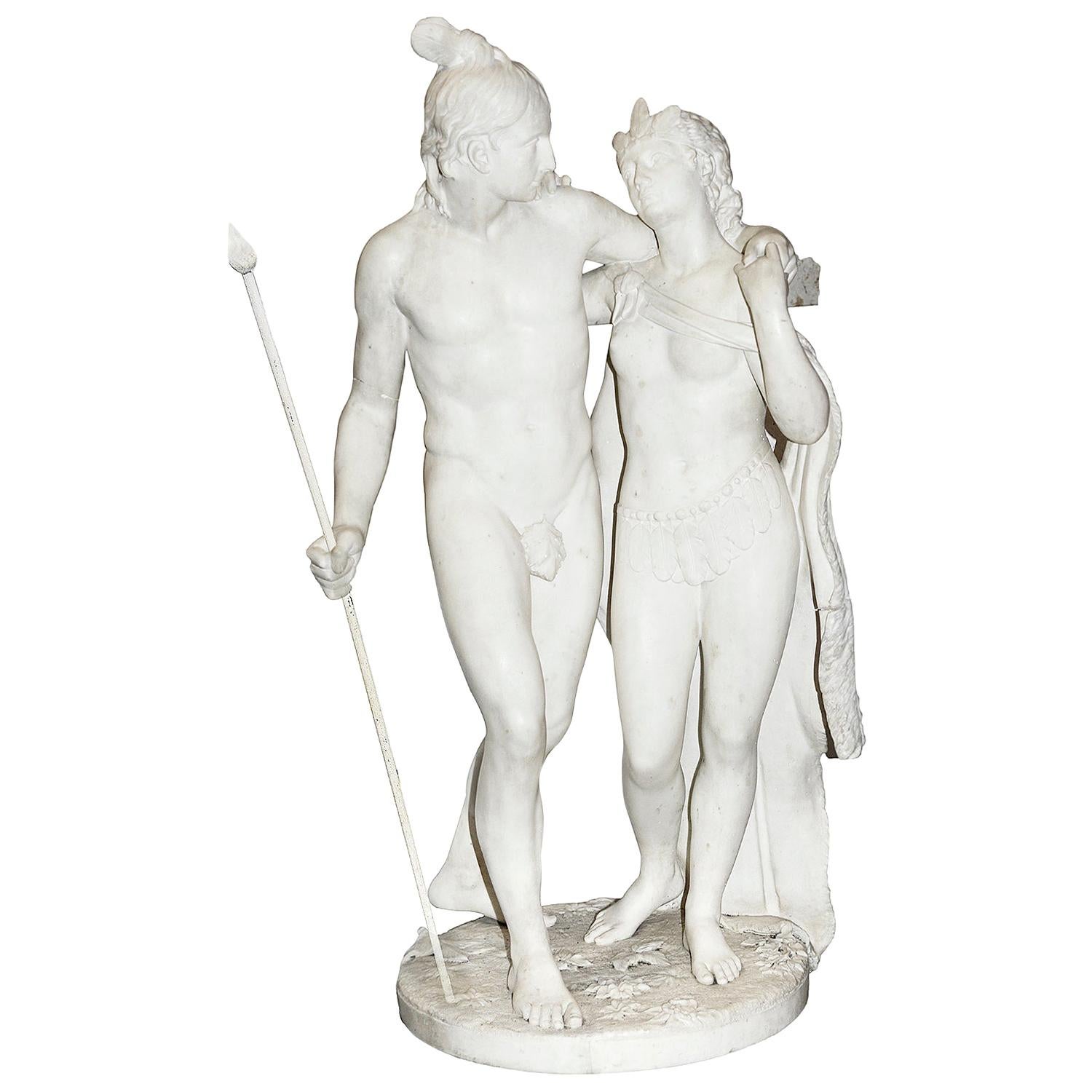 Larger 19th Century Marble Statue of Hiawatha and Minnehaha