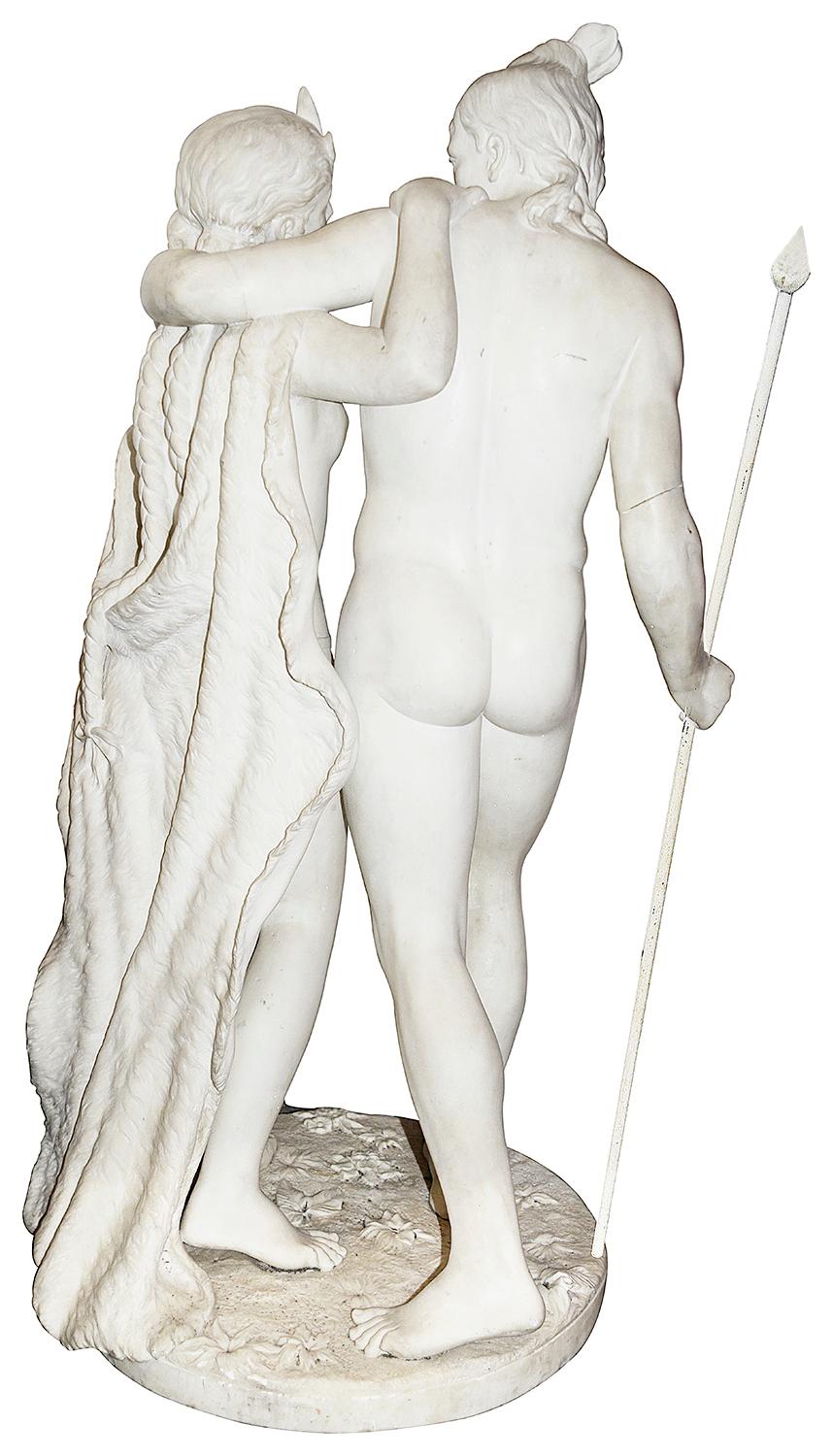 Hand-Carved Larger 19th Century Marble Statue of Hiawatha and Minnehaha