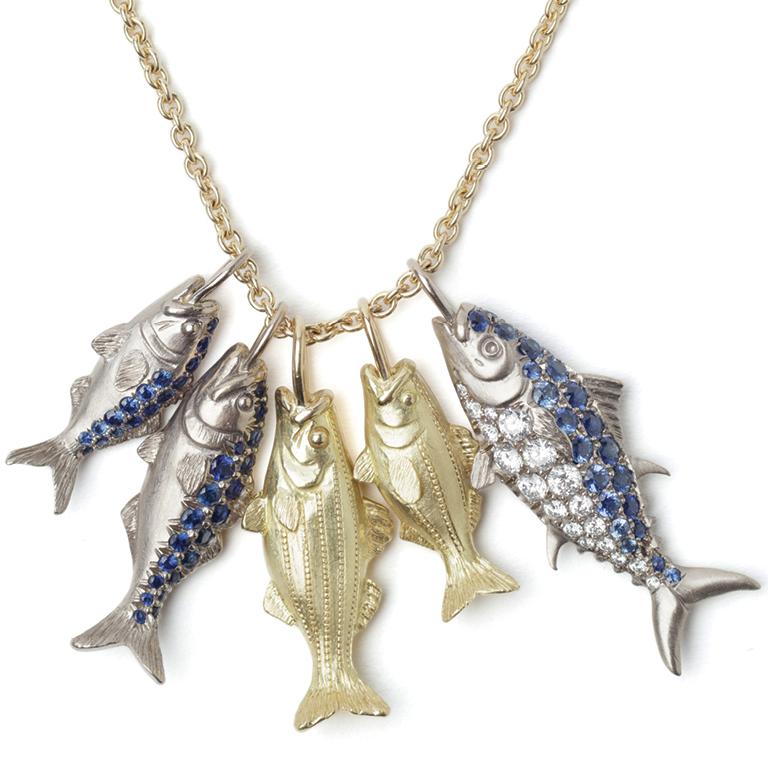 Contemporary Larger Nantucket Striped Bass Pendant in 18 Karat Yellow Gold + Two Ring Clasp