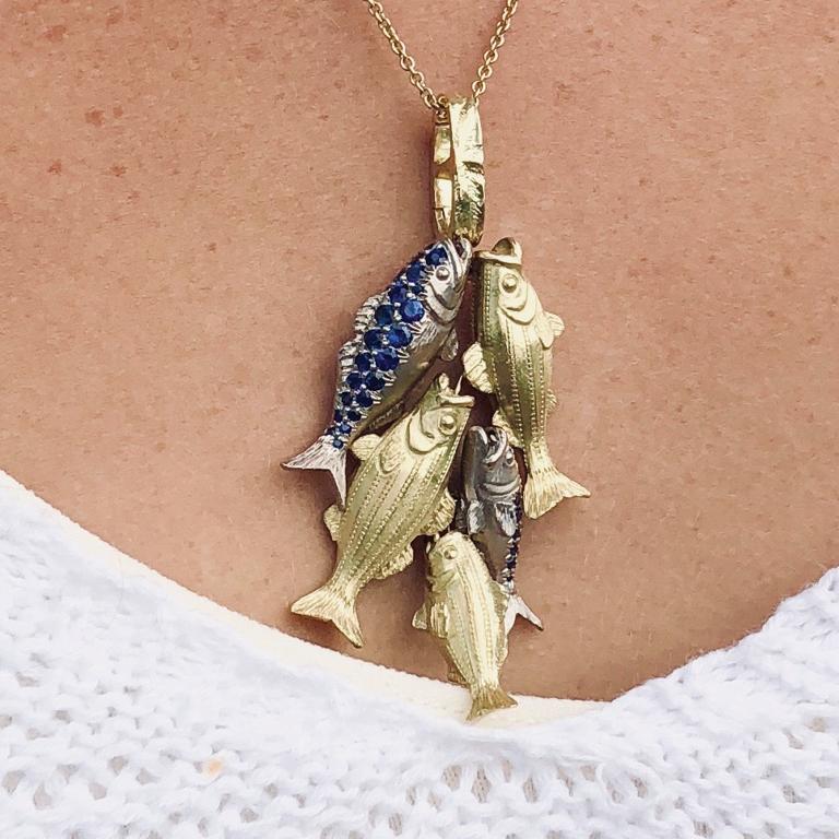 Larger Nantucket Striped Bass Pendant in 18 Karat Yellow Gold + Two Ring Clasp 2