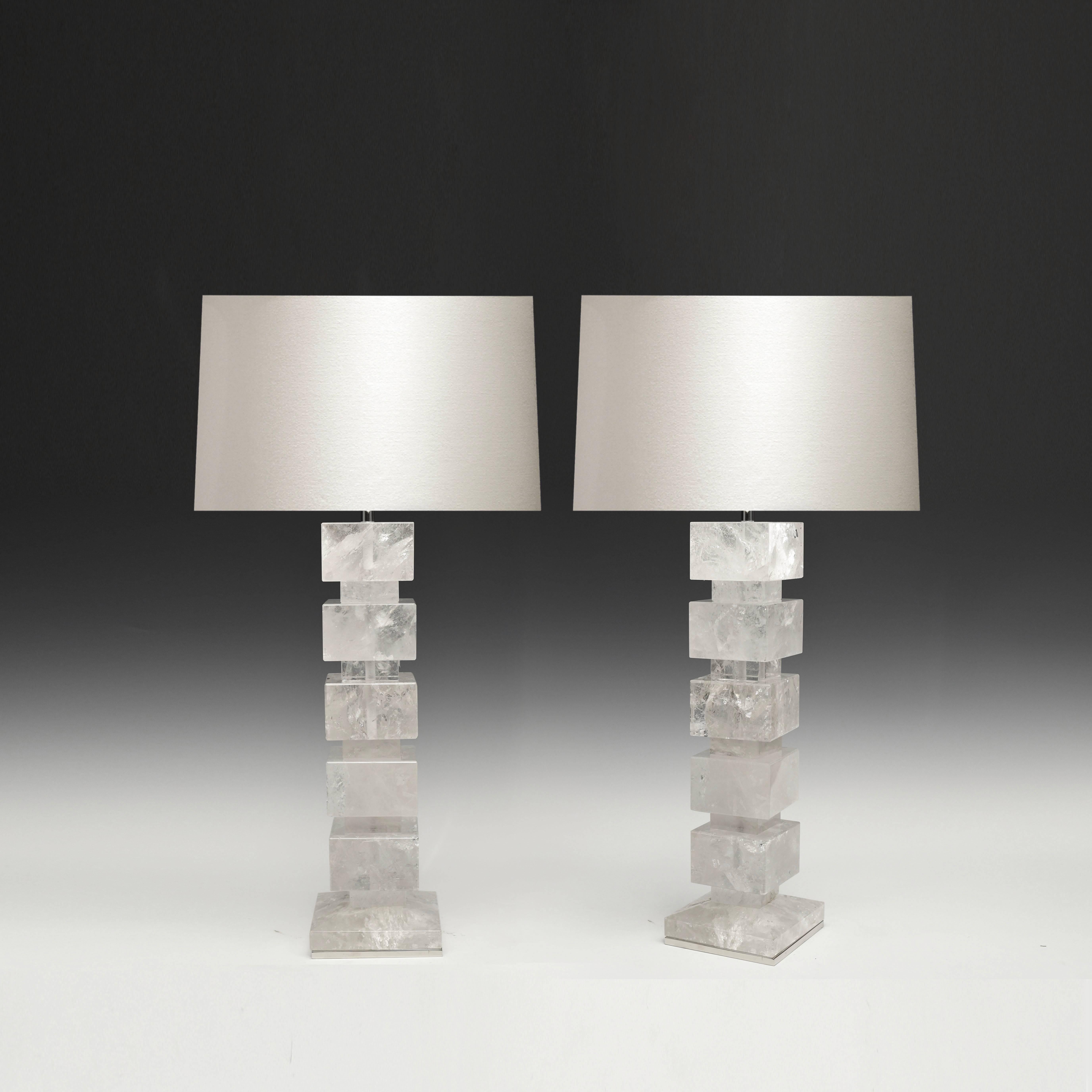 Larger pair of block form rock crystal lamps.
The height to the top of the rock crystal: 21