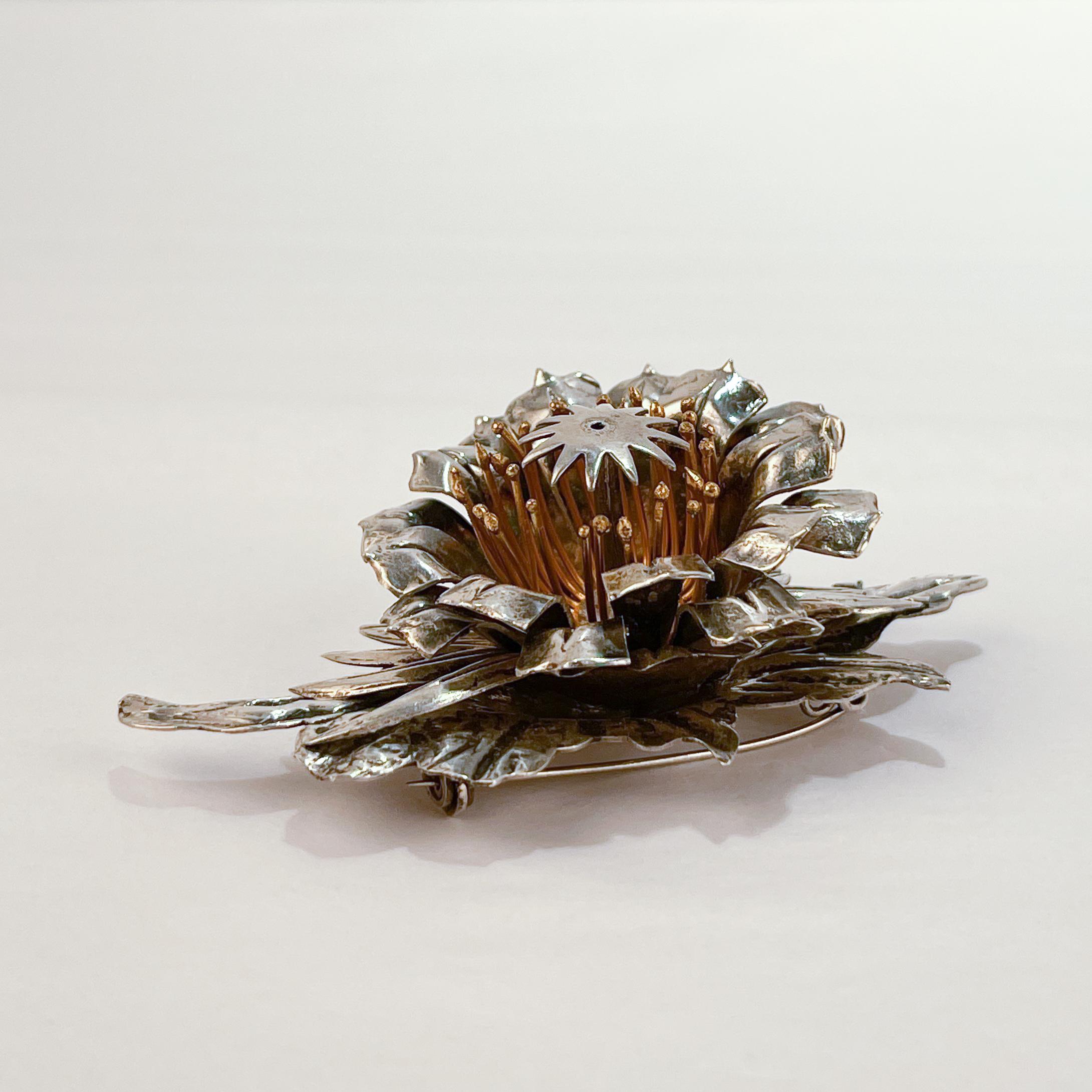 Larger Retro Hawaiian Honolulu Sterling Silver Floy Mercer Flower Brooch For Sale 6