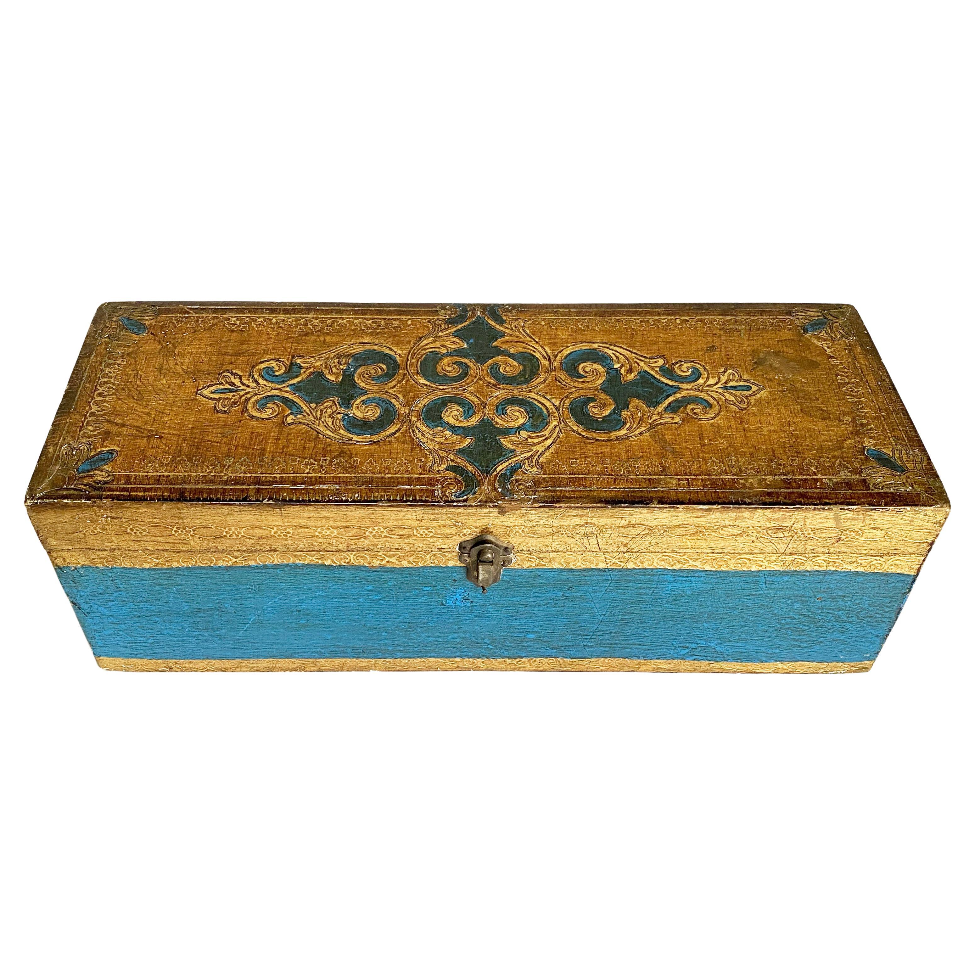 Größere italienische Florentine Giltwood Box in Pfauenblau