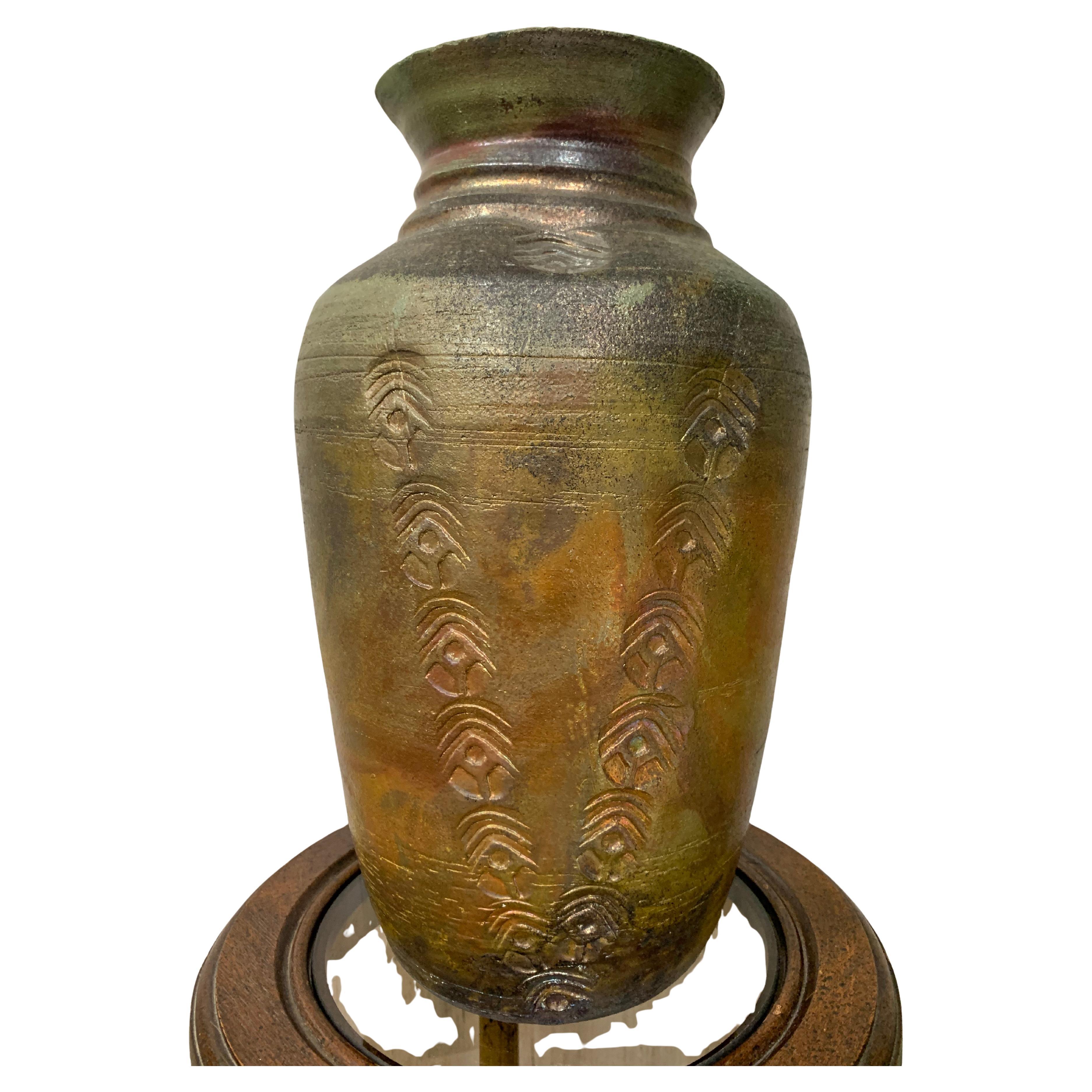 Large Raku Fired Vessel by Fernande Beland