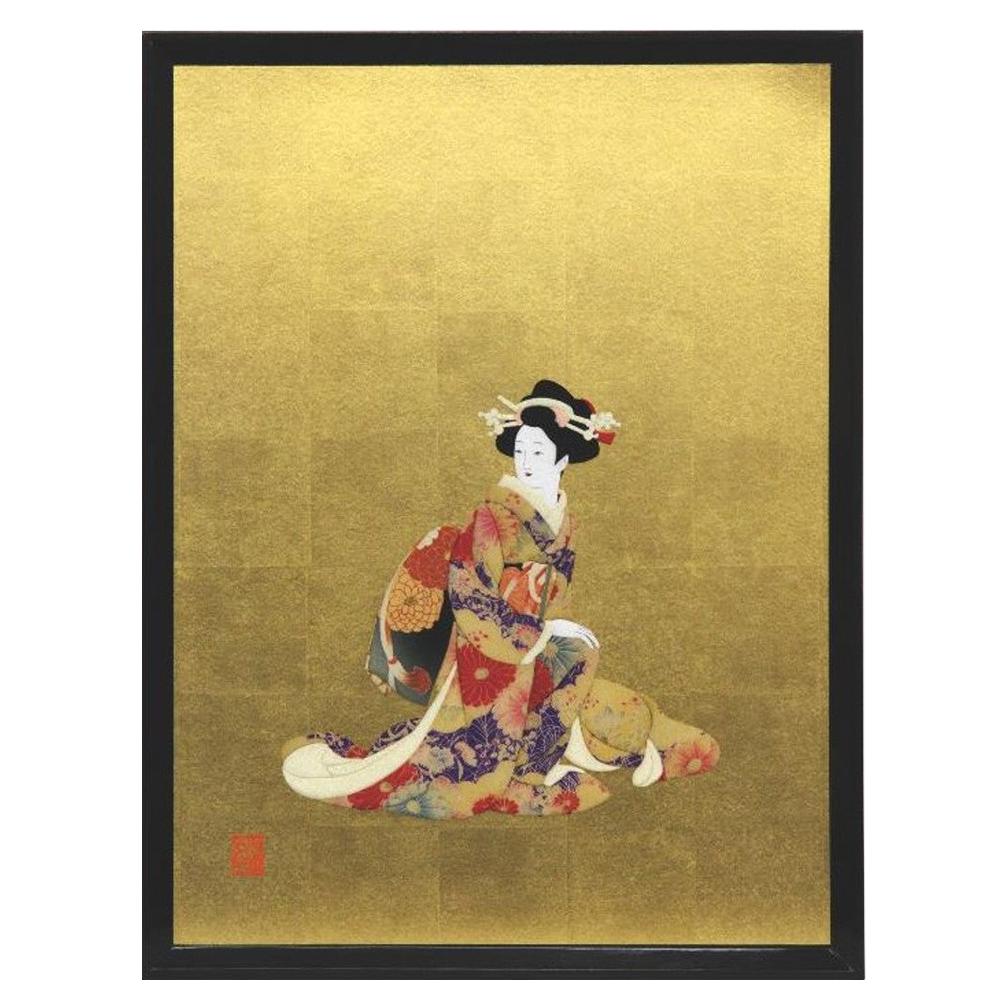 Large Red Yellow Silk Brocade Framed Handcrafted Japanese Decorative Art