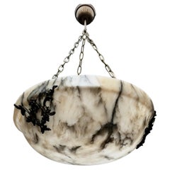 Largest 23.3Ø & Great Design Antique White & Black Alabaster Pendant, Chandelier