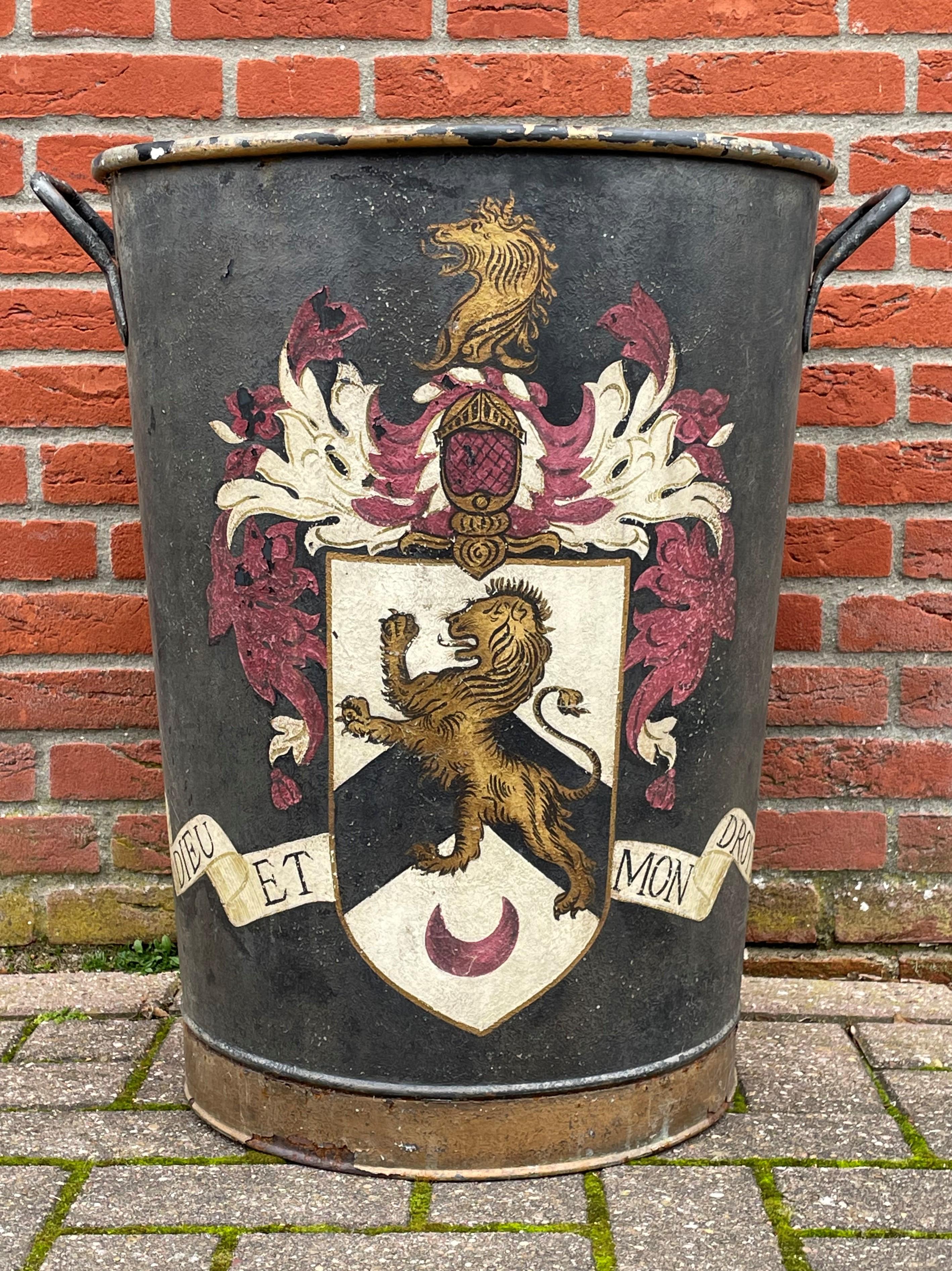European Largest Antique Firewood Bucket / Planter with British Crest 'God and My Right'