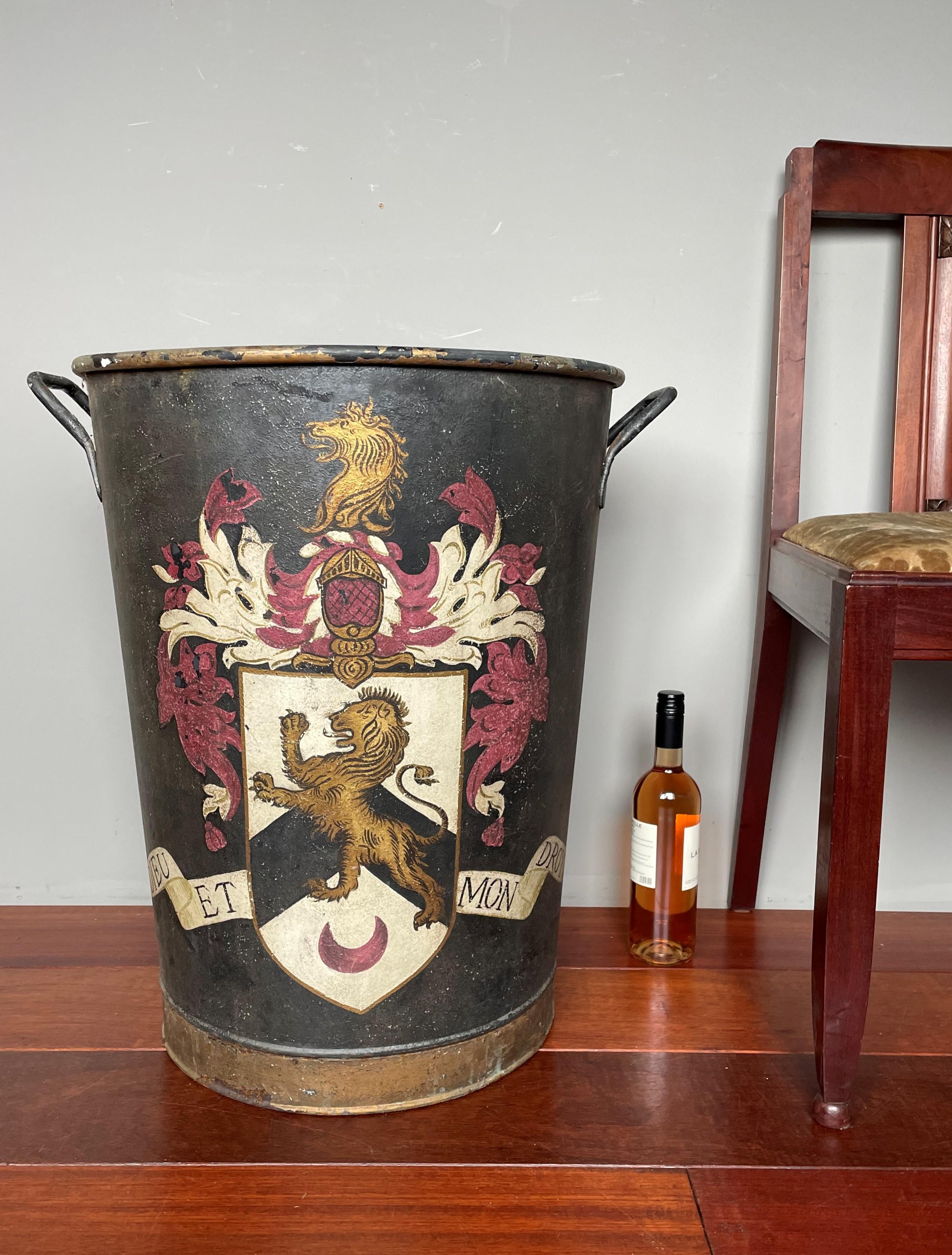 Iron Largest Antique Firewood Bucket / Planter with British Crest 'God and My Right'