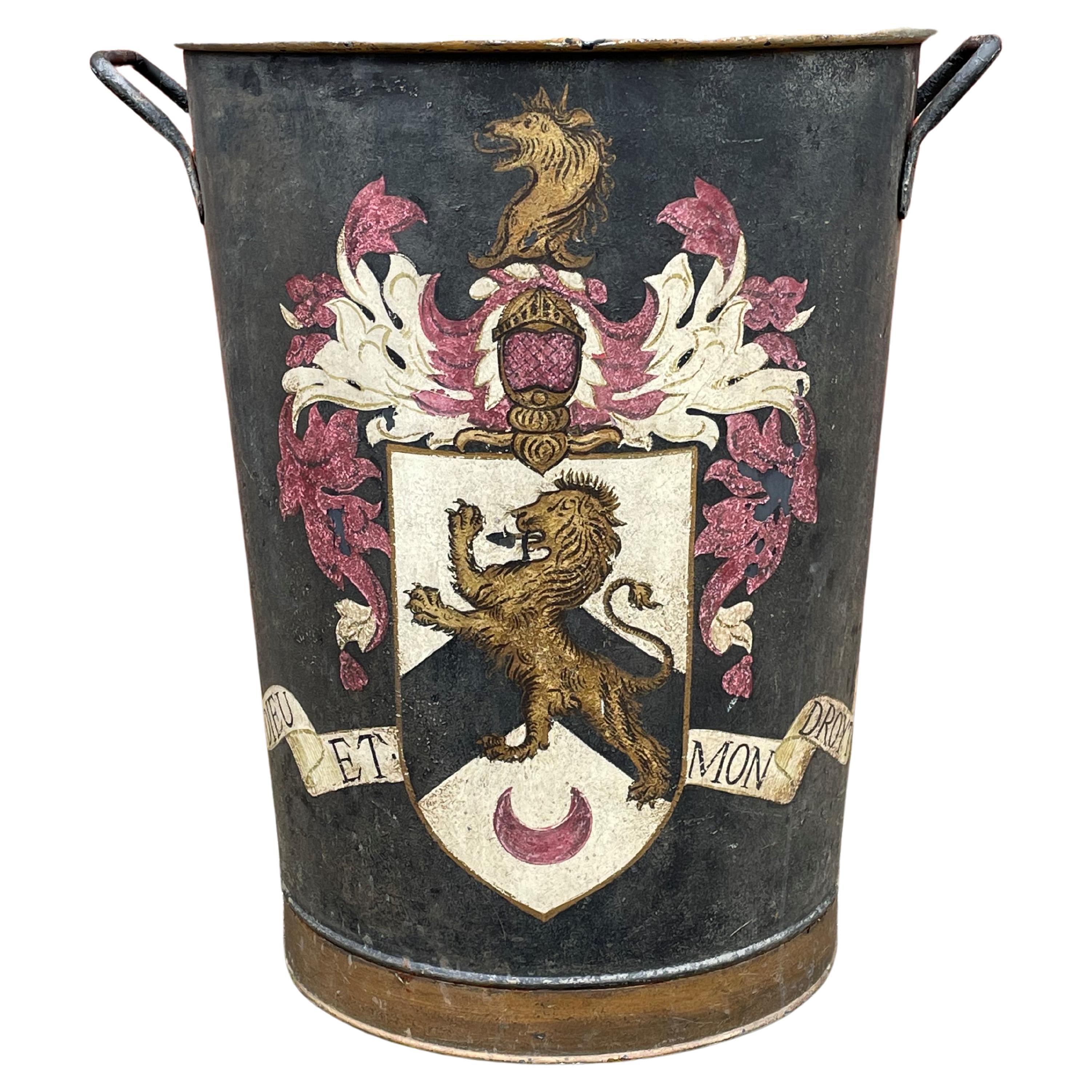 Largest Antique Firewood Bucket / Planter with British Crest 'God and My Right'