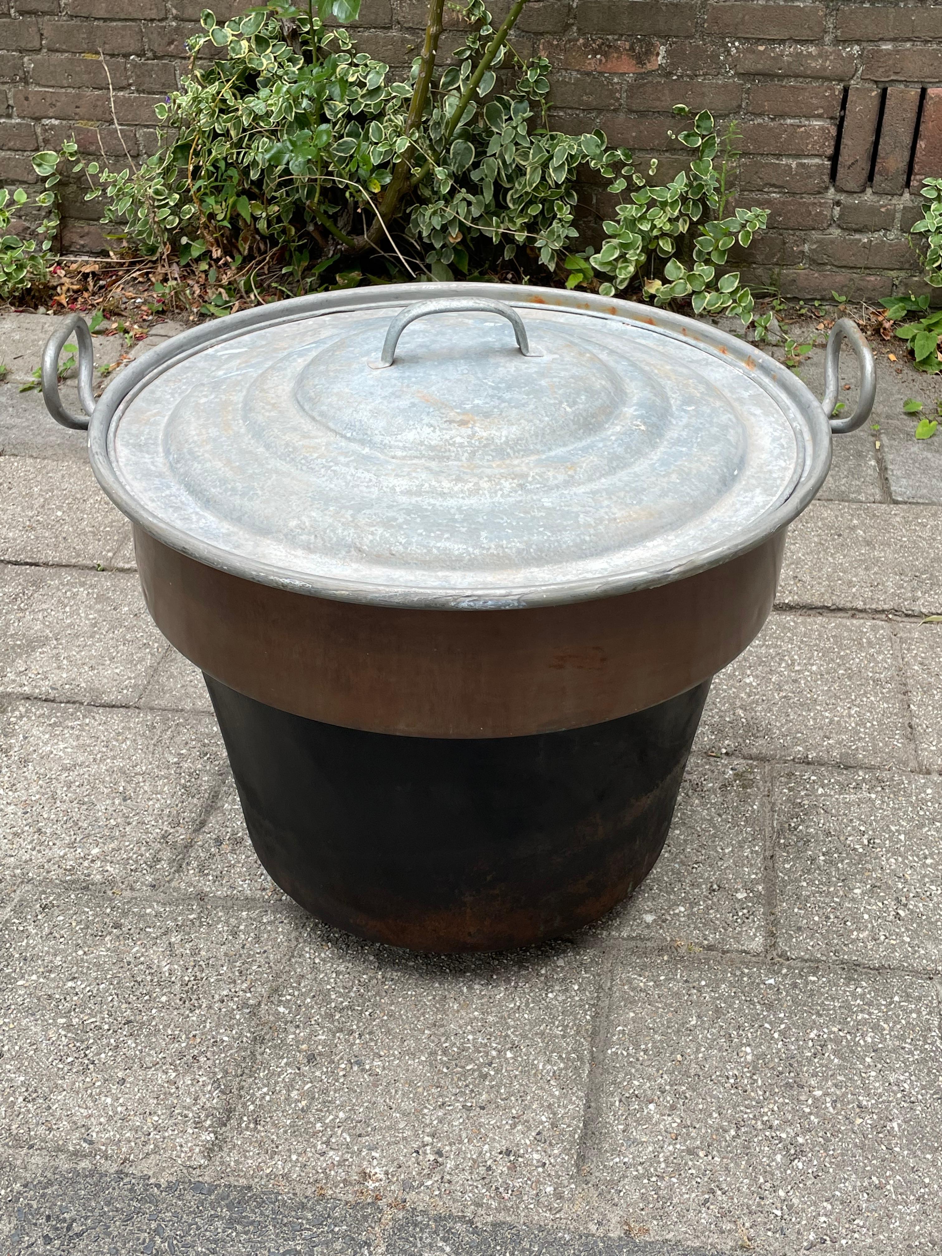 Feuerholzkübel / Pflanzgefäß mit größter antiker Galvanisierung aus Kupfer und geschmiedetem Eisen Deckel im Angebot 2