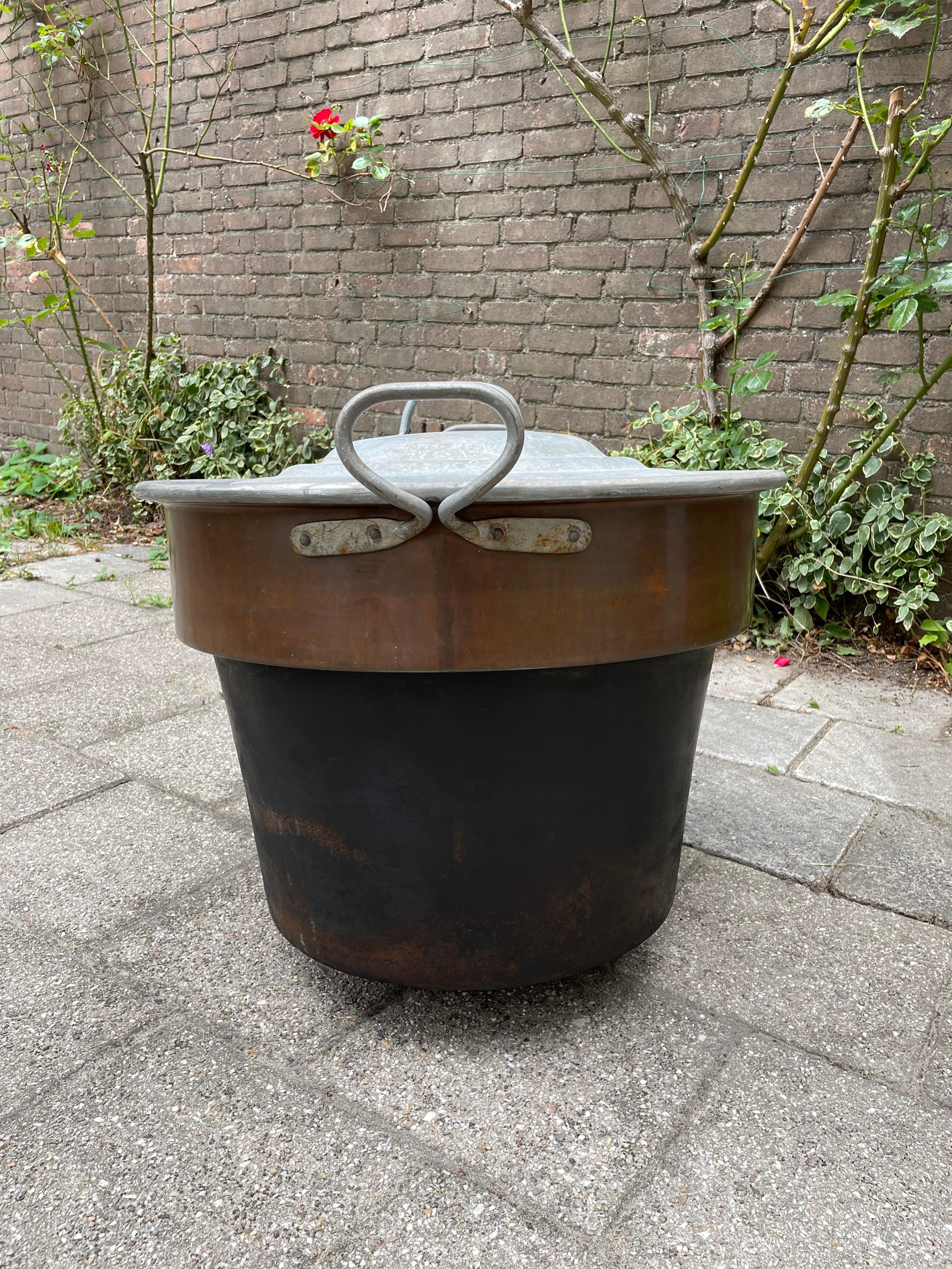 Largest Antique Galvanized Copper & Forged Iron Firewood Bucket / Planter w. Lid For Sale 4