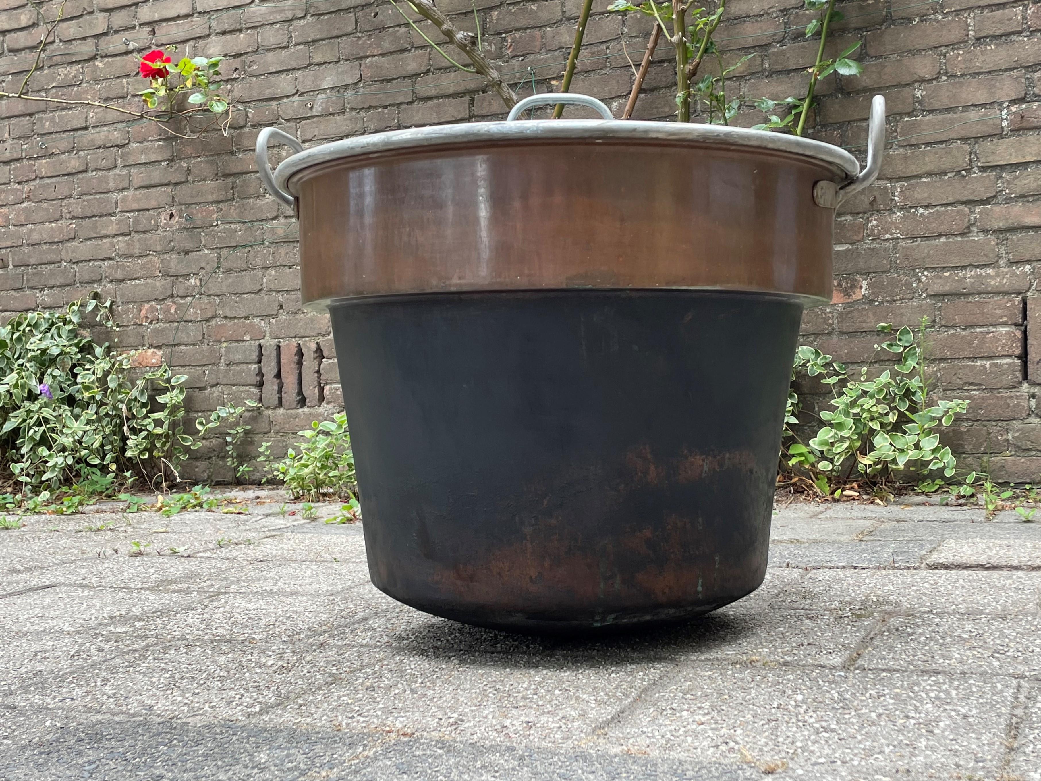 Largest Antique Galvanized Copper & Forged Iron Firewood Bucket / Planter w. Lid For Sale 9