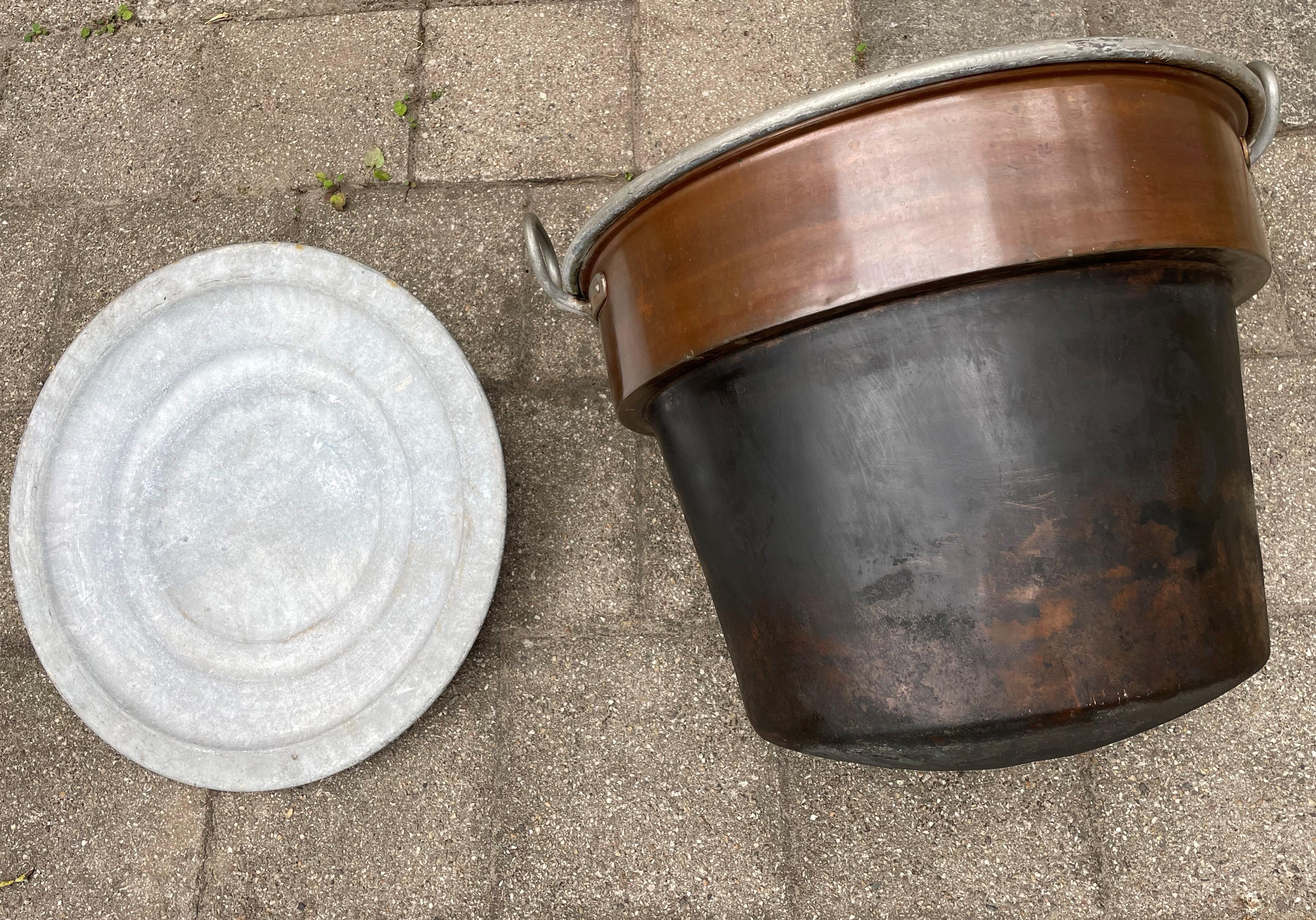 Country Largest Antique Galvanized Copper & Forged Iron Firewood Bucket / Planter w. Lid For Sale