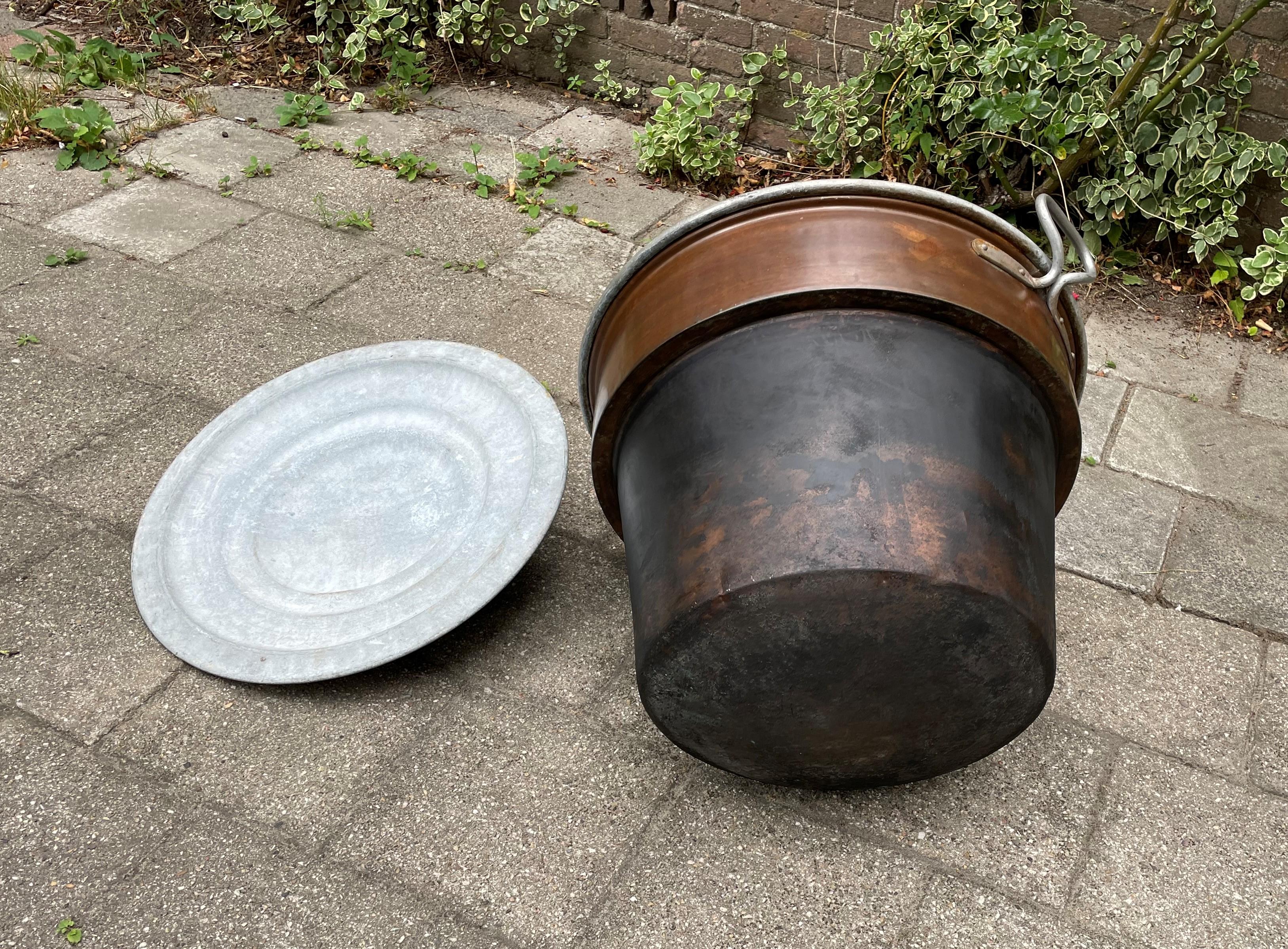 Dutch Largest Antique Galvanized Copper & Forged Iron Firewood Bucket / Planter w. Lid For Sale