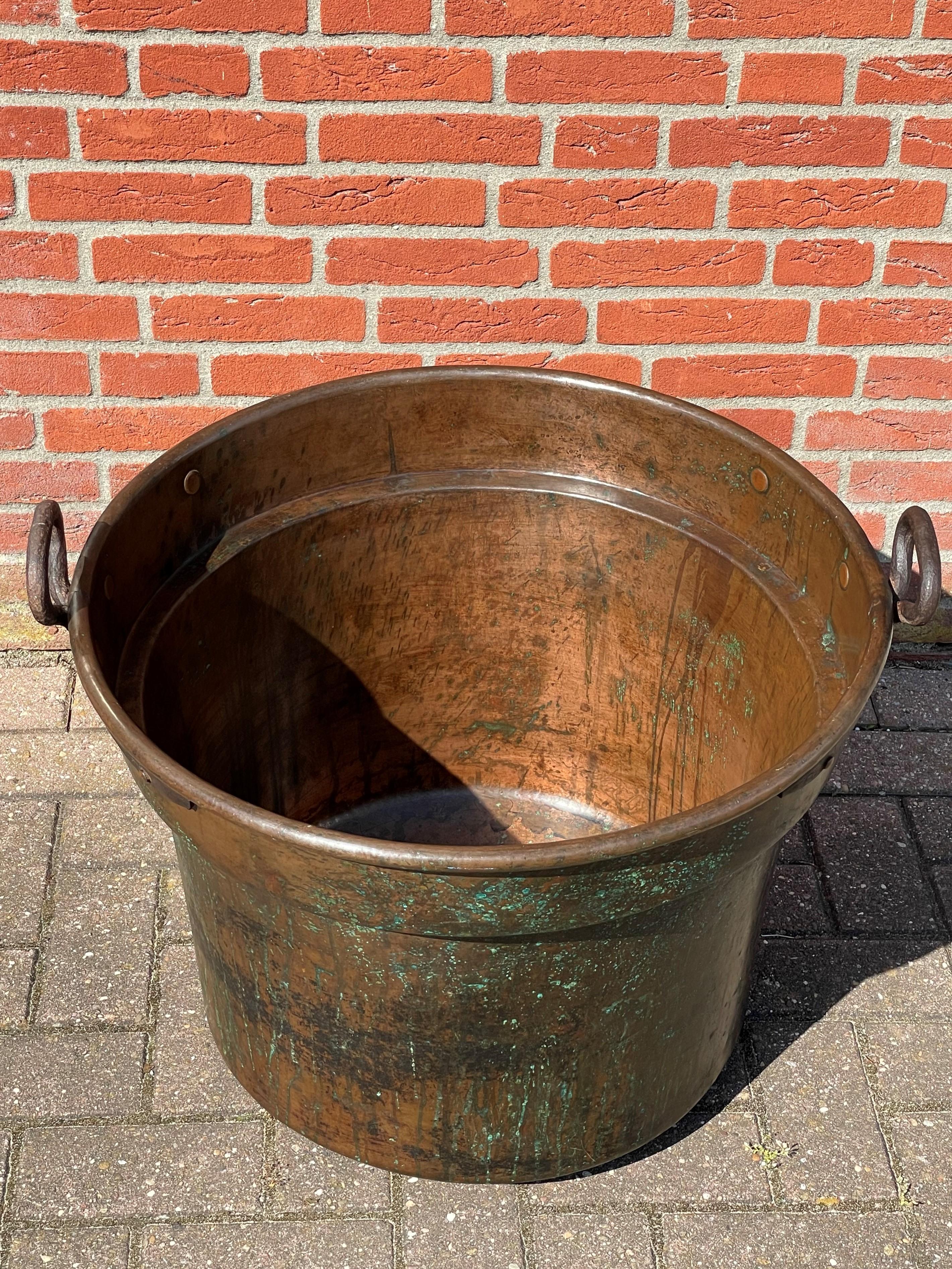 Largest Antique & Handcrafted Copper and Forged Iron Firewood Bucket or Planter 3