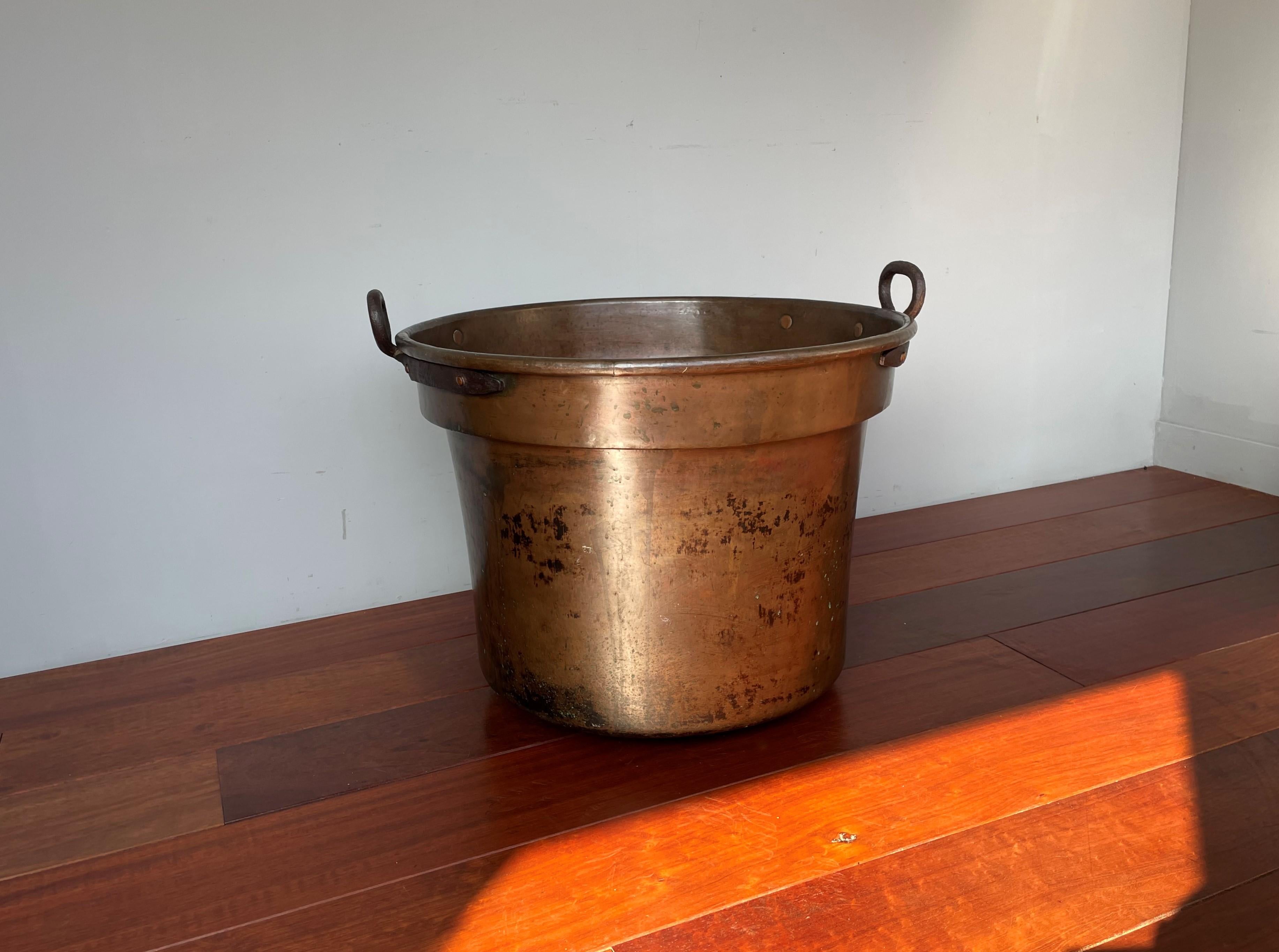 Largest Antique & Handcrafted Copper and Forged Iron Firewood Bucket or Planter 6