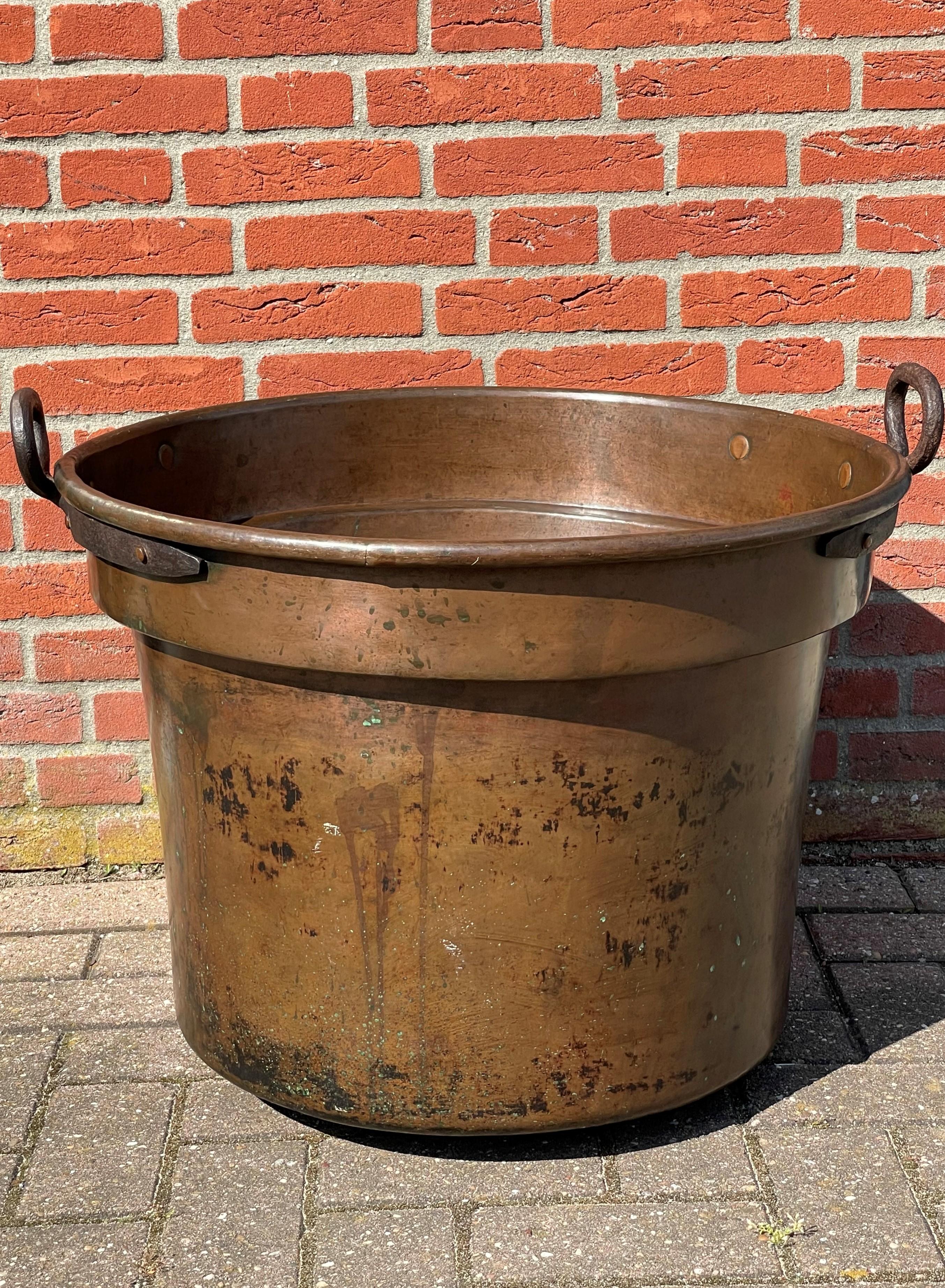 Largest Antique & Handcrafted Copper and Forged Iron Firewood Bucket or Planter 10
