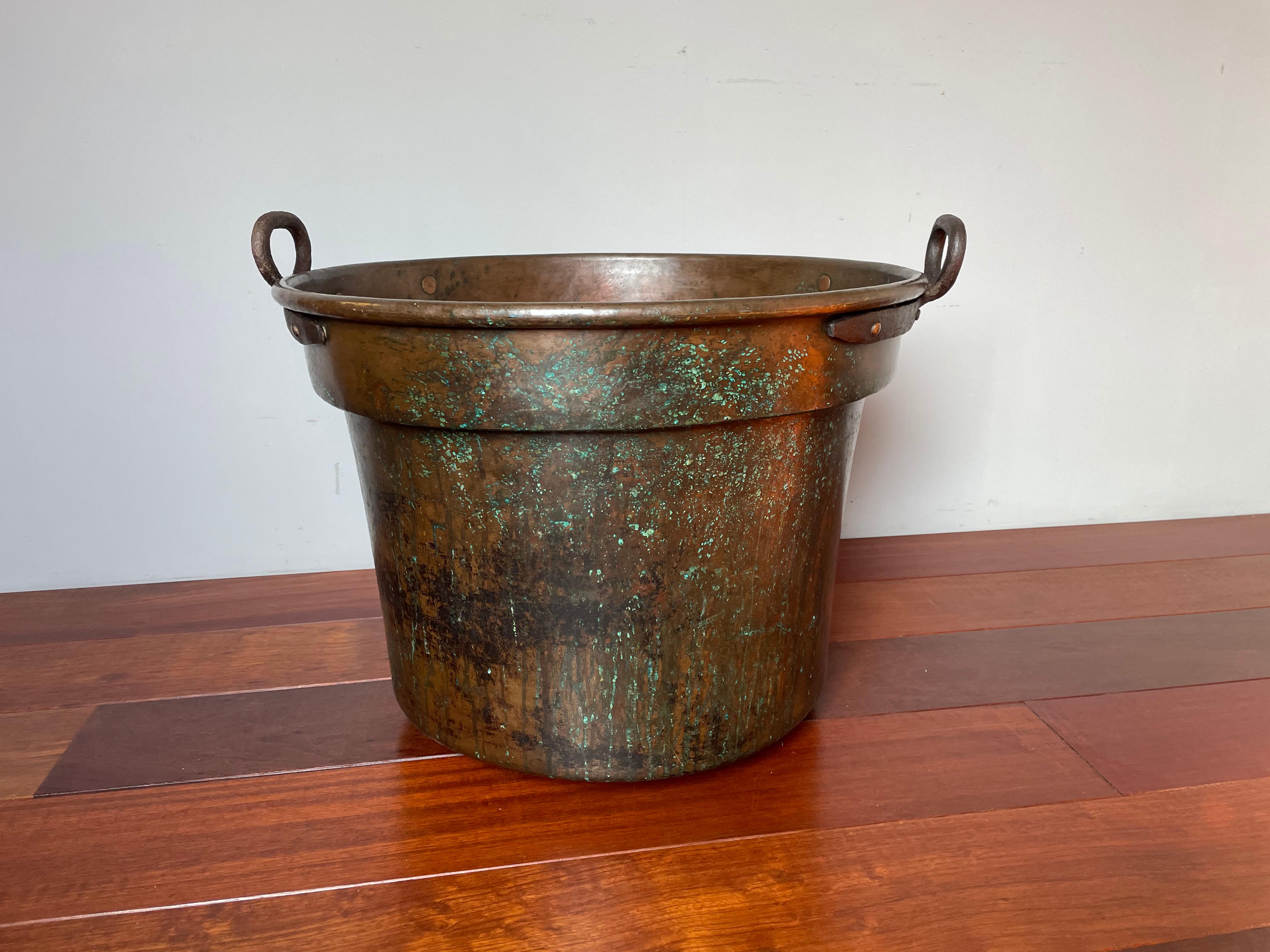 Dutch Largest Antique & Handcrafted Copper and Forged Iron Firewood Bucket or Planter