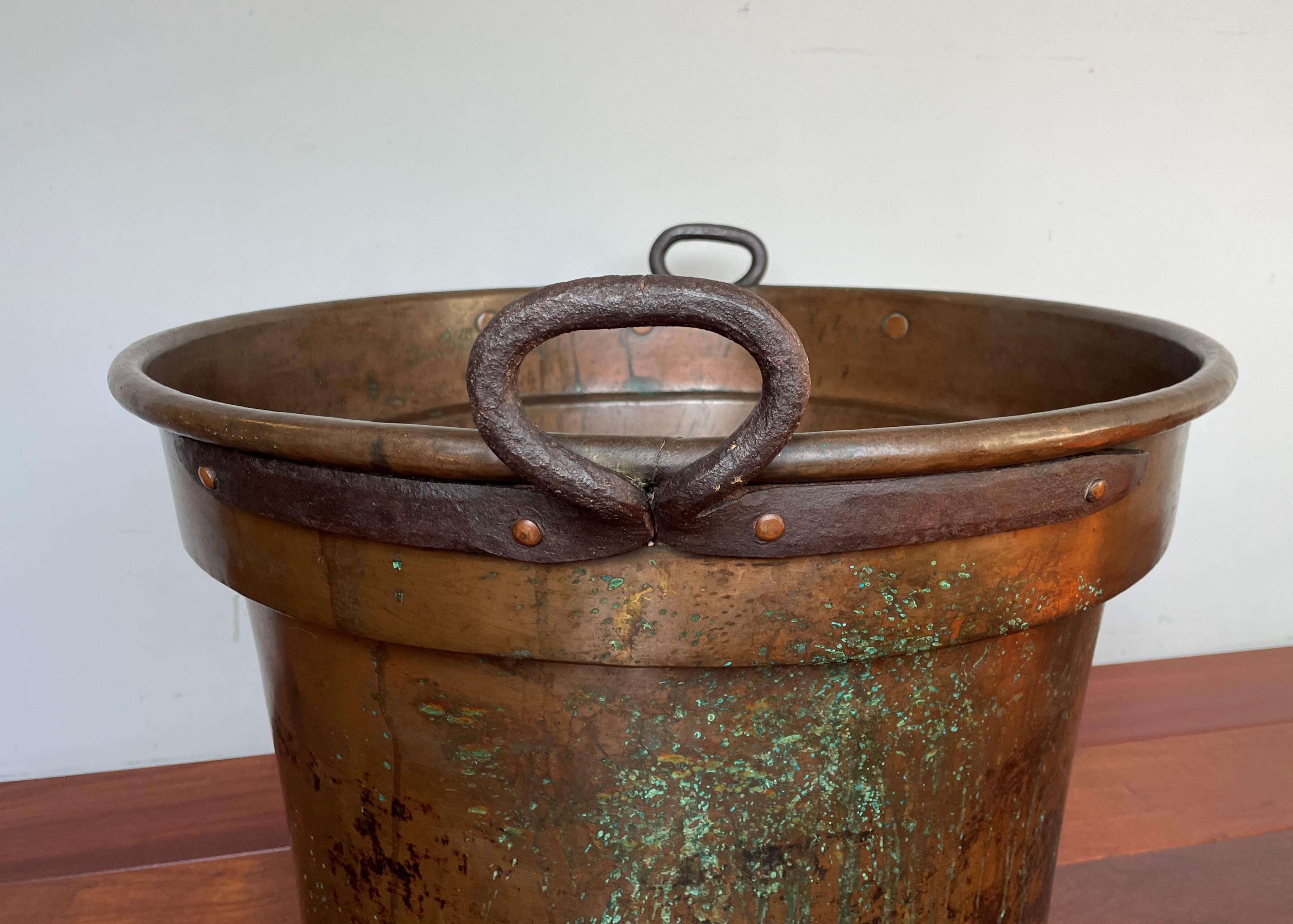 Hammered Largest Antique & Handcrafted Copper and Forged Iron Firewood Bucket or Planter