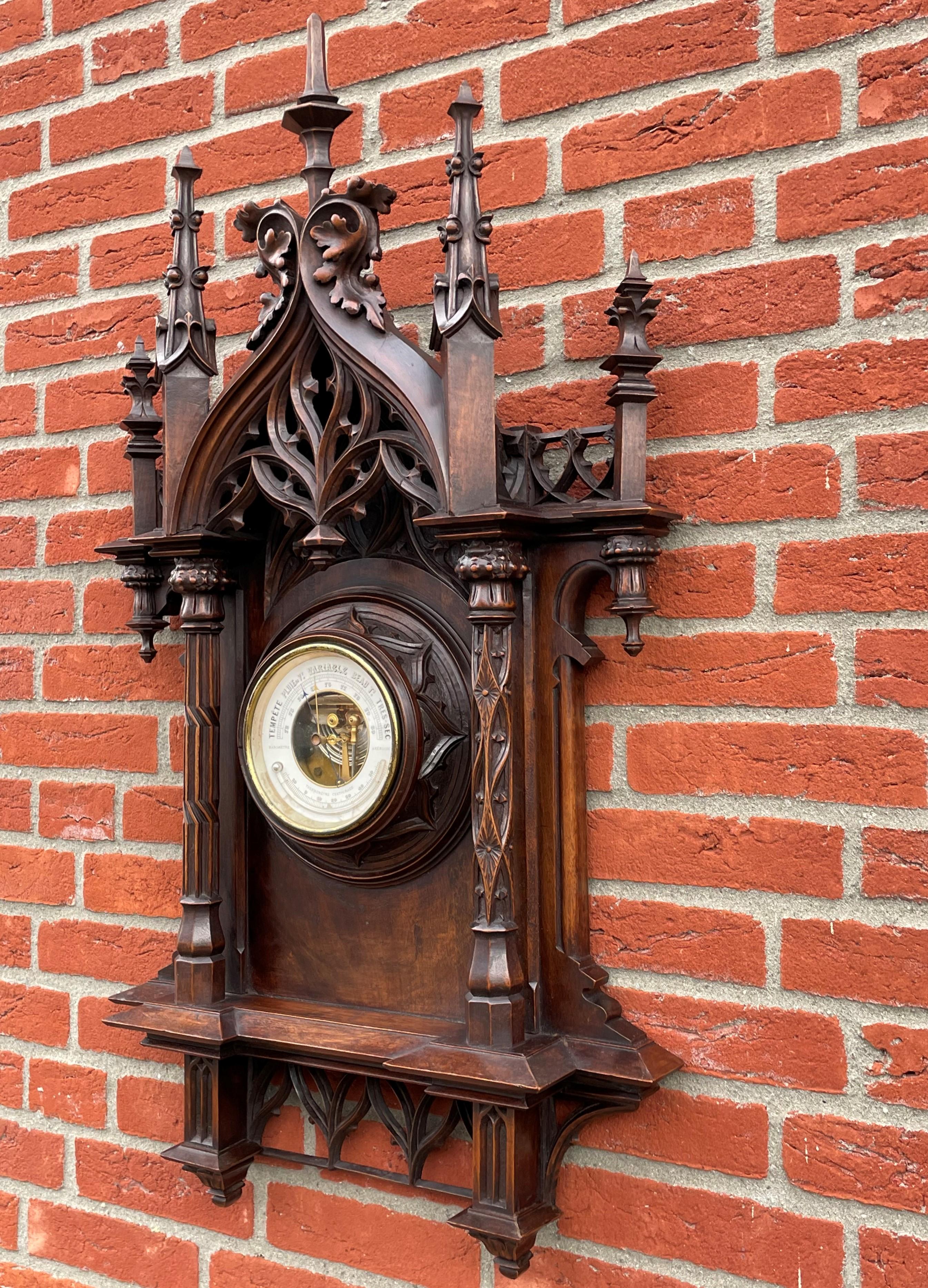 French Largest Antique & Top Quality Hand Carved Gothic Revival Barometer & Thermometer For Sale