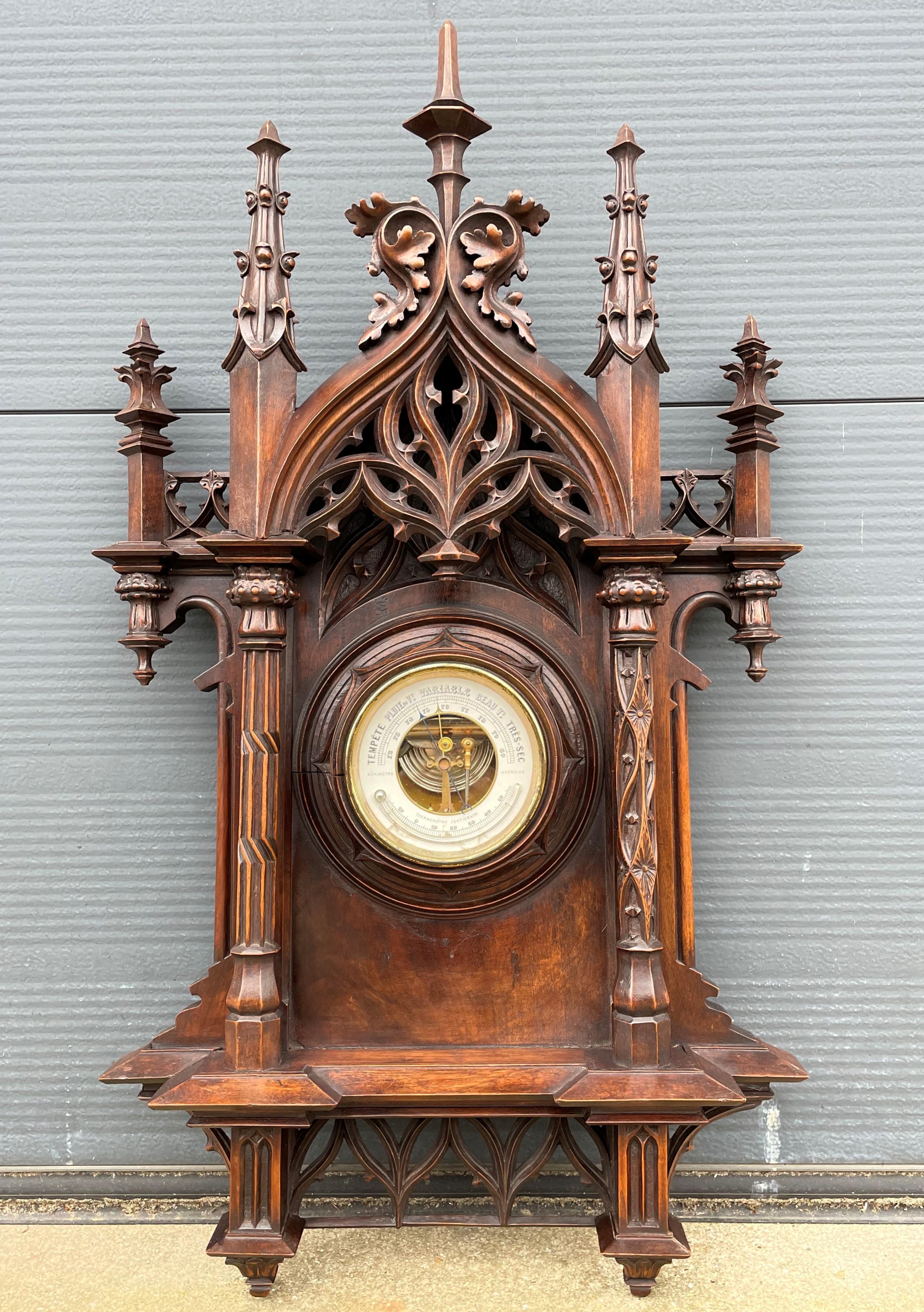 Cast Largest Antique & Top Quality Hand Carved Gothic Revival Barometer & Thermometer For Sale