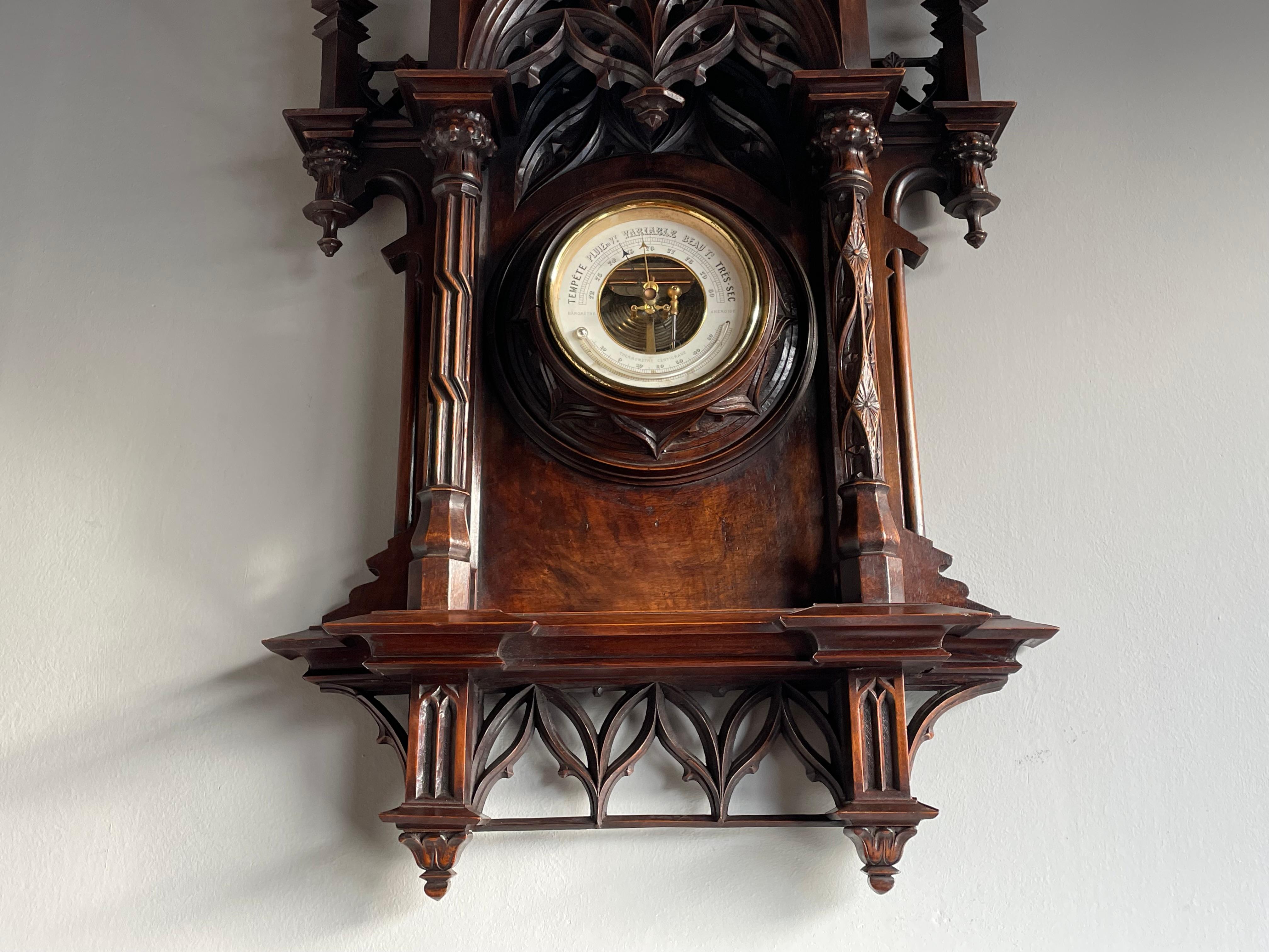 Largest Antique & Top Quality Hand Carved Gothic Revival Barometer & Thermometer In Good Condition For Sale In Lisse, NL