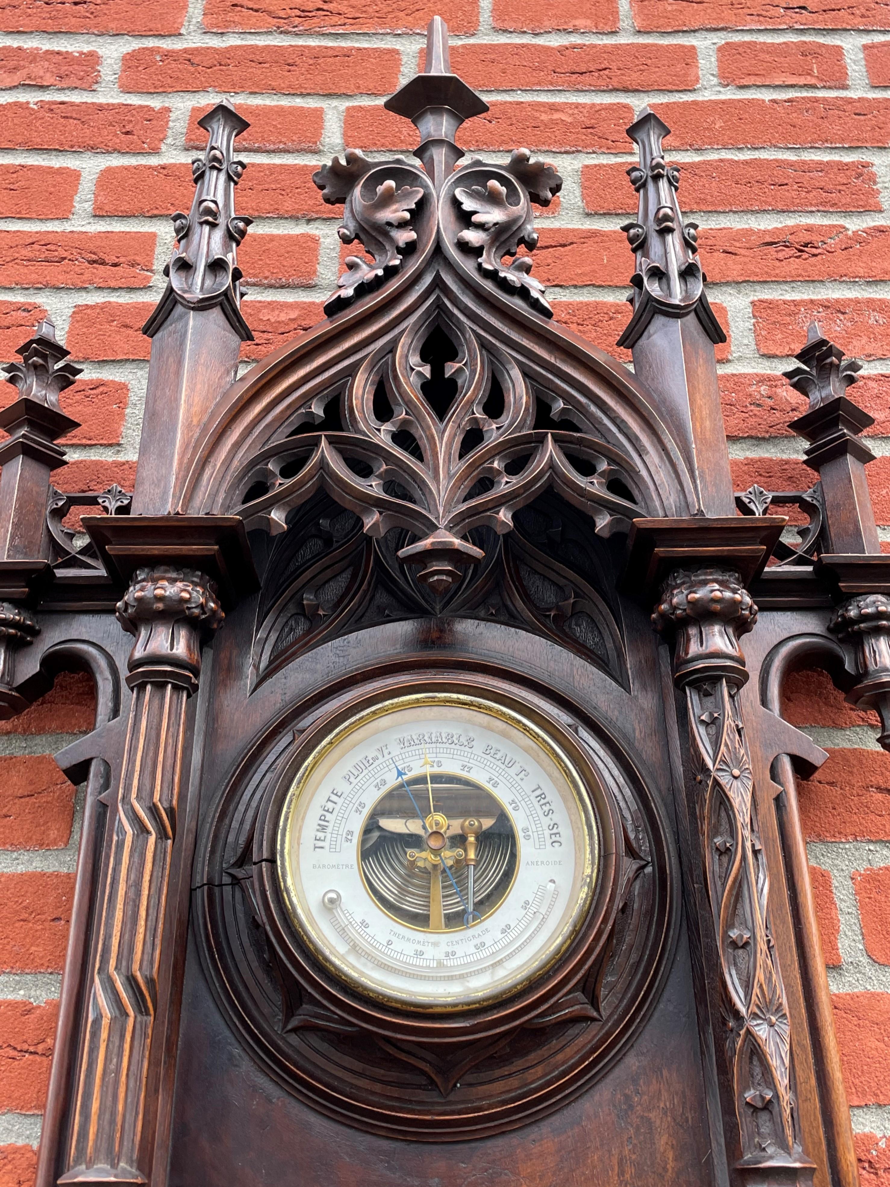 19th Century Largest Antique & Top Quality Hand Carved Gothic Revival Barometer & Thermometer For Sale