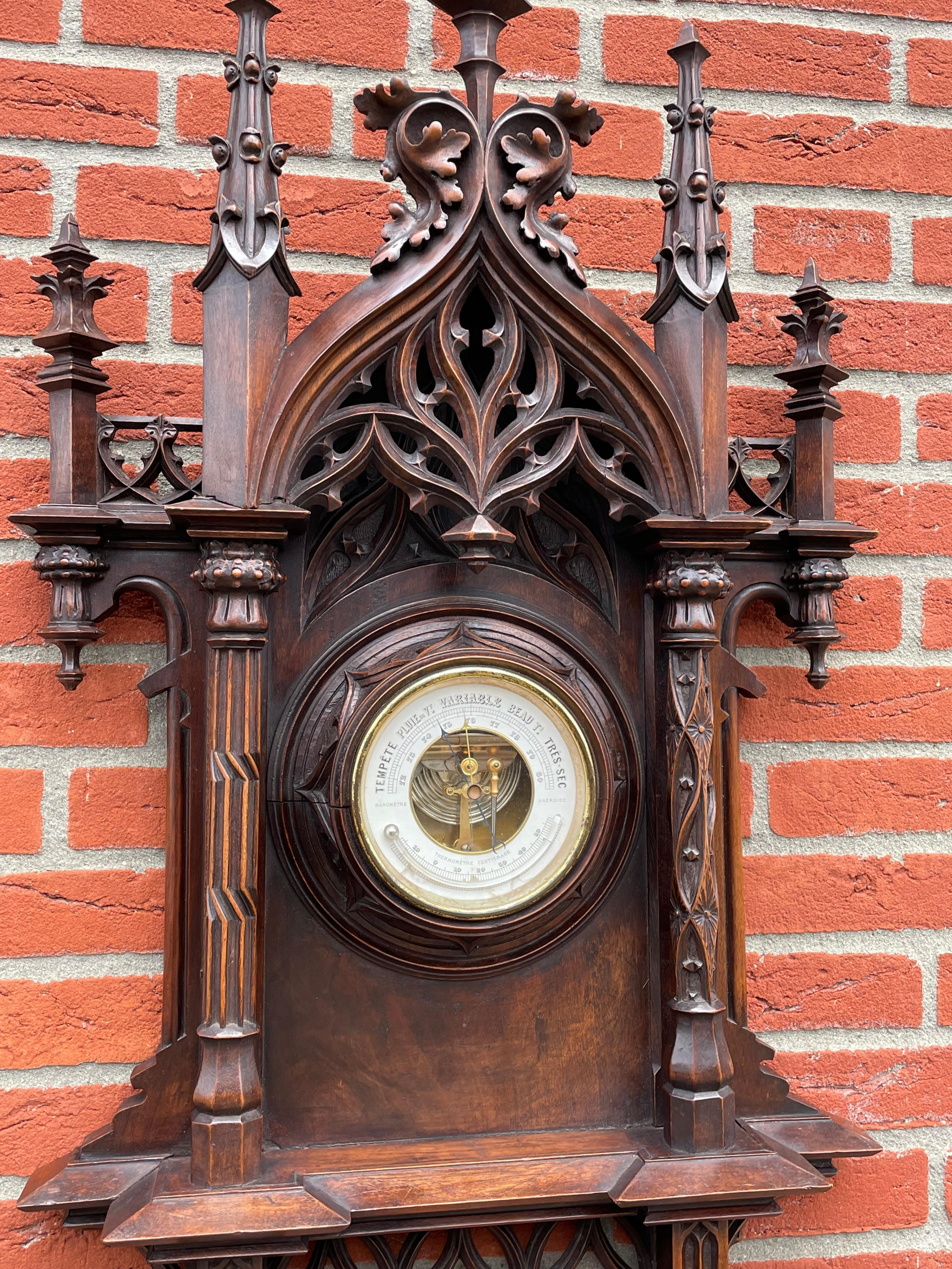 Metal Largest Antique & Top Quality Hand Carved Gothic Revival Barometer & Thermometer For Sale