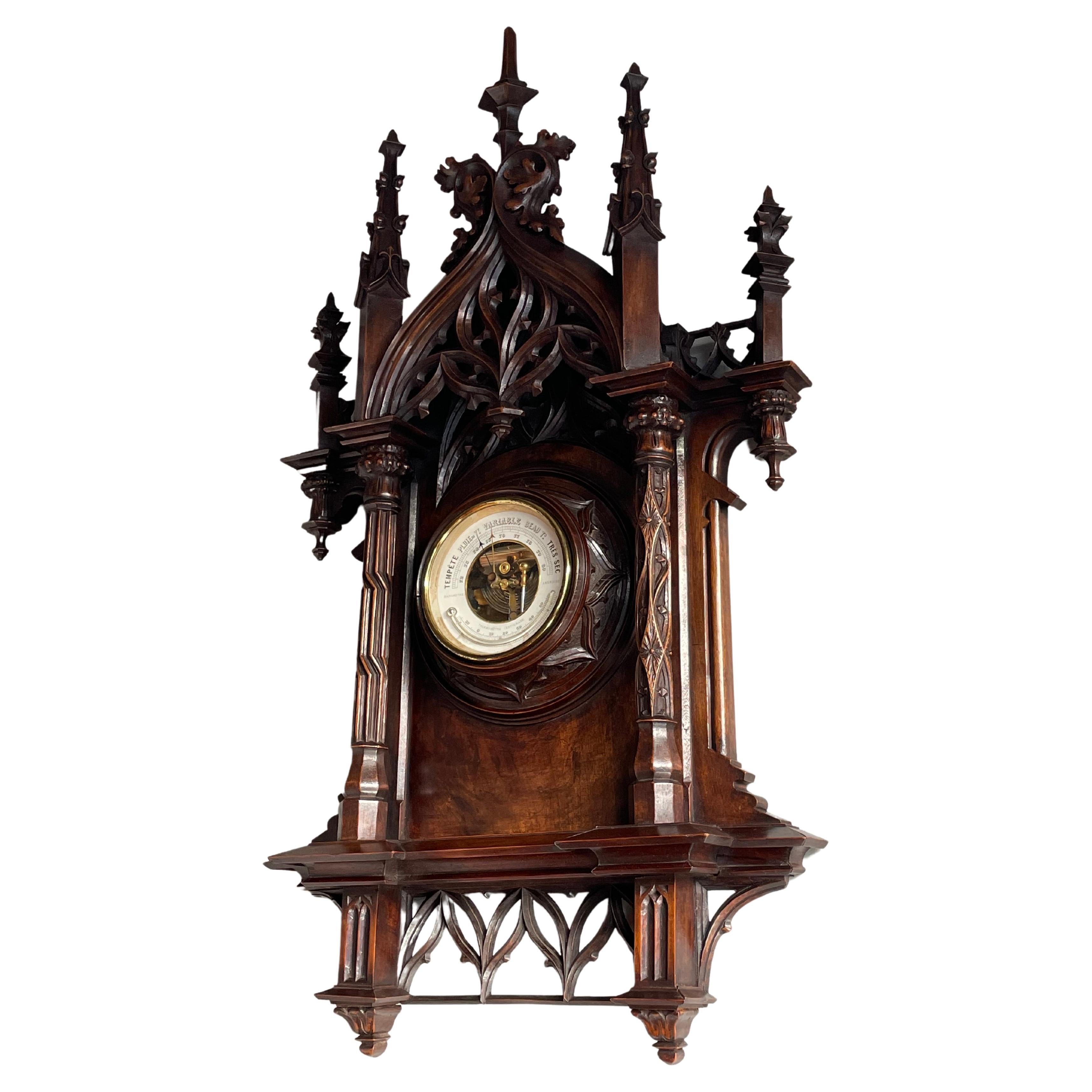 Largest Antique & Top Quality Hand Carved Gothic Revival Barometer & Thermometer For Sale