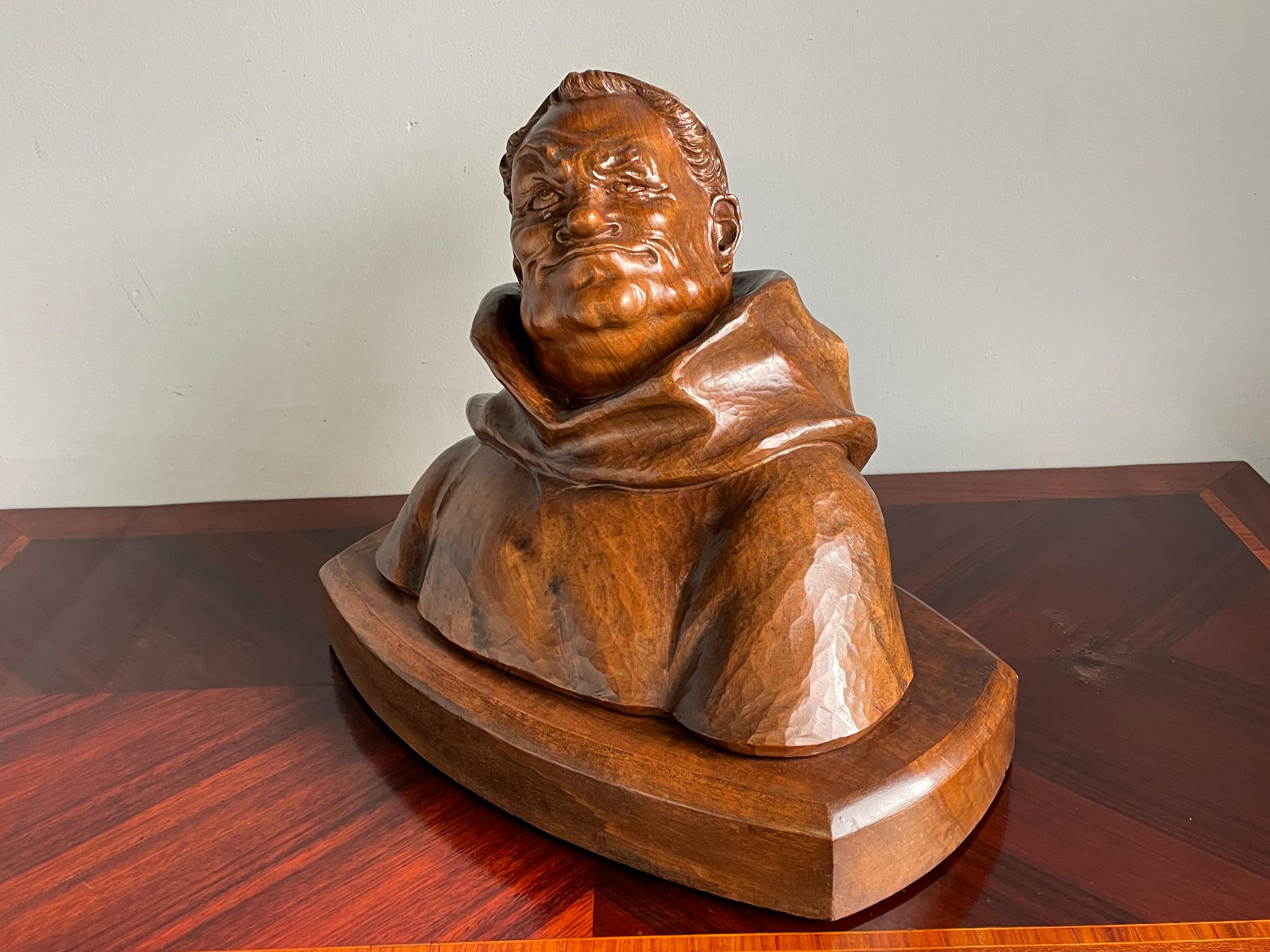 Largest Hand Carved Solid Nutwood, Renaissance Revival Caricature Monk Sculpture In Excellent Condition For Sale In Lisse, NL